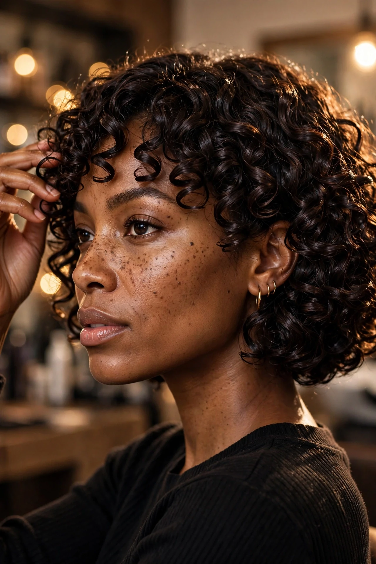 Curly bob hairstyles for fine hair with defined glossy ringlets in a striking salon portrait, three-quarter view