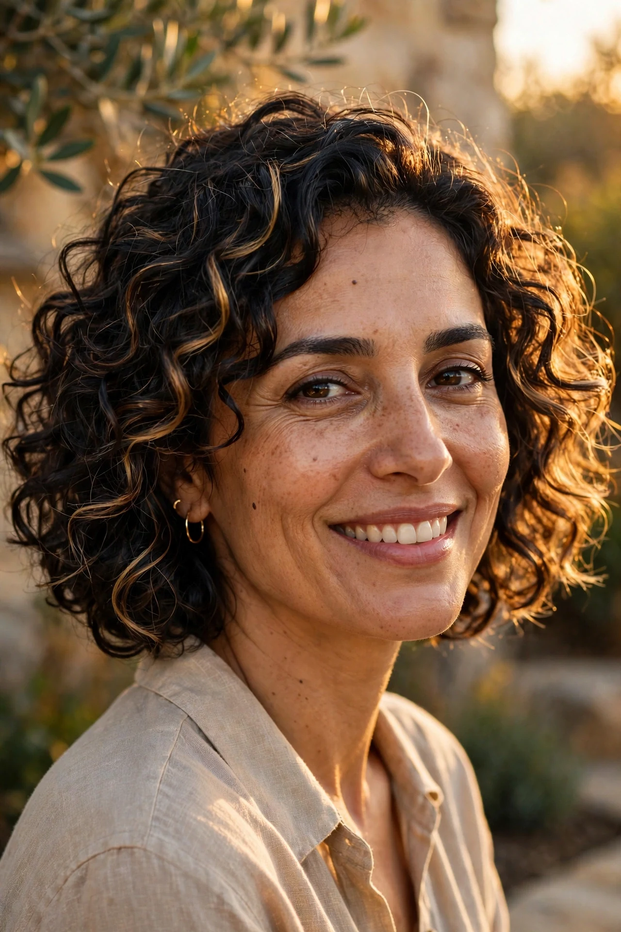 Chin-length curly bob with sun-kissed caramel highlights in golden sunlight