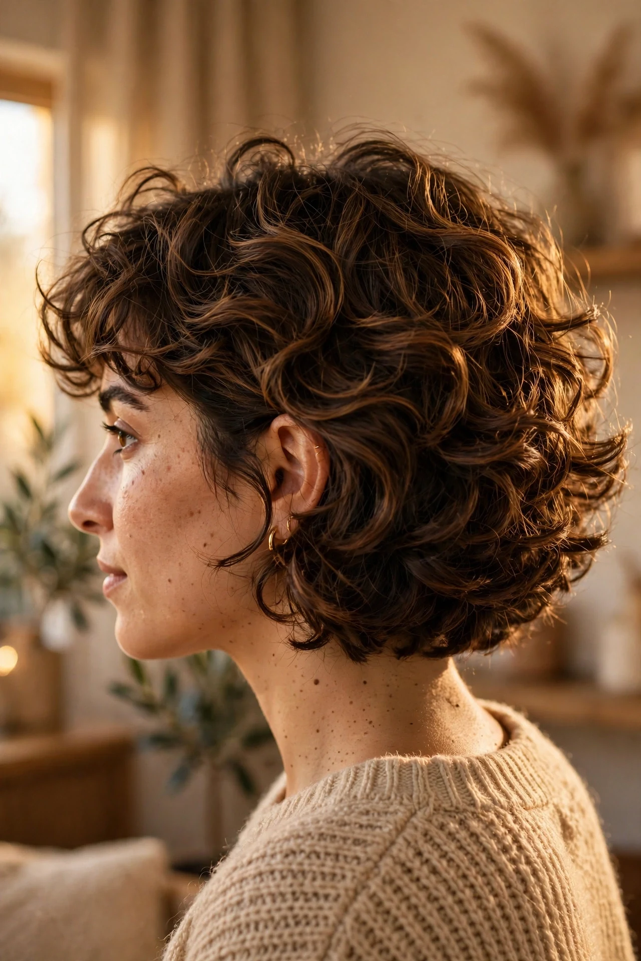 Lightly layered curly bob with stacked fullness, back three-quarter view