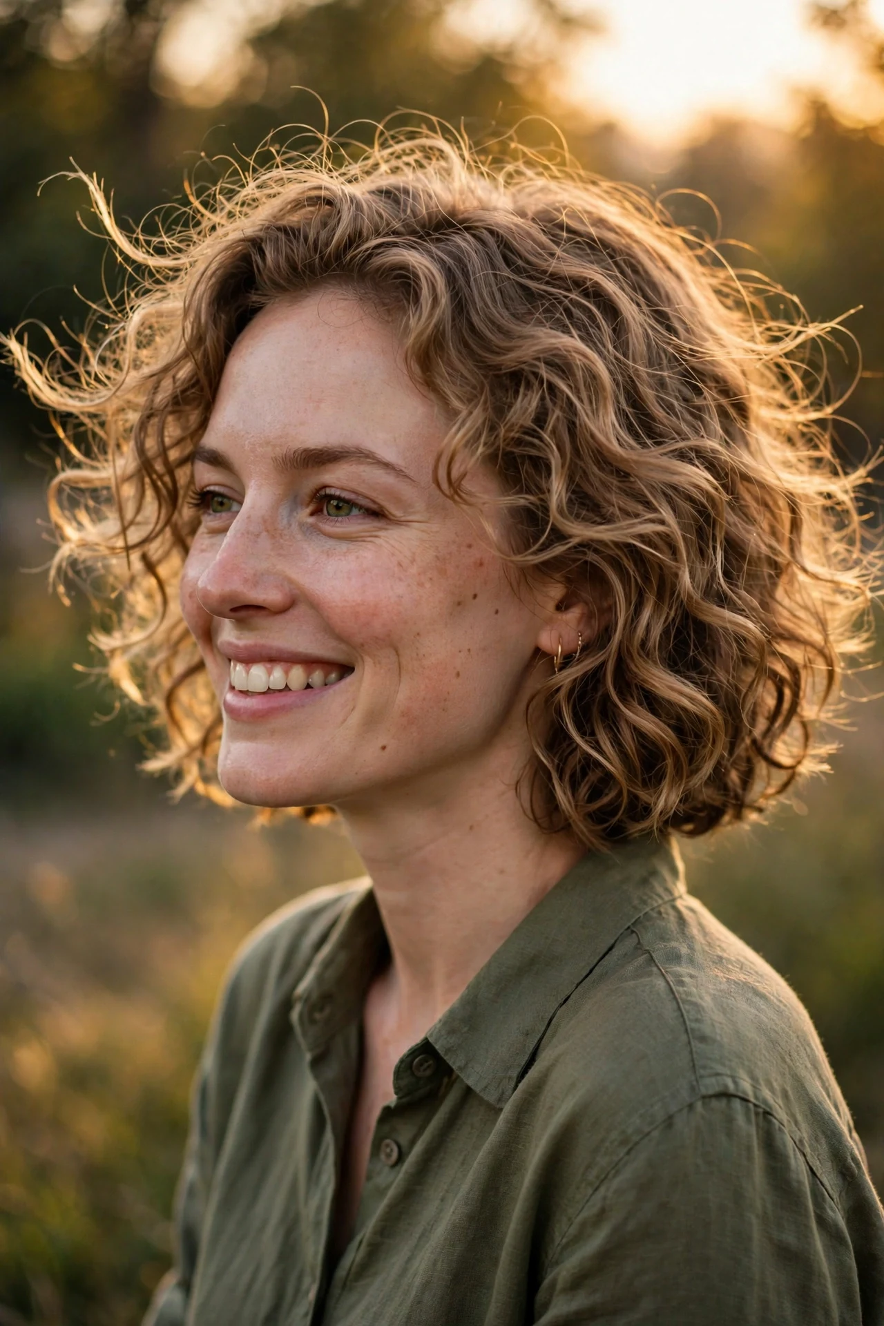 Loose 2B S-wave curls in a jaw-length bob with golden hour light and natural movement