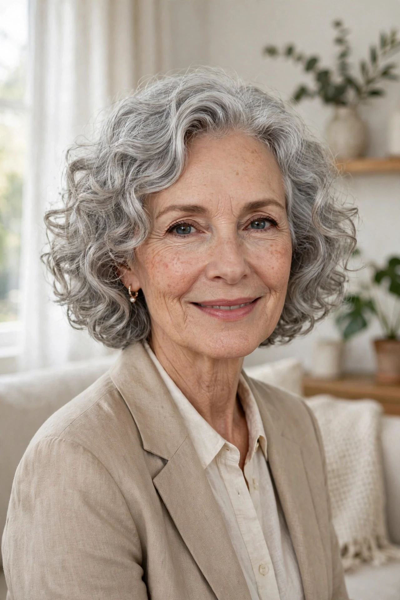 Elegant silver gray curly bob on a woman in her 60s, soft window light