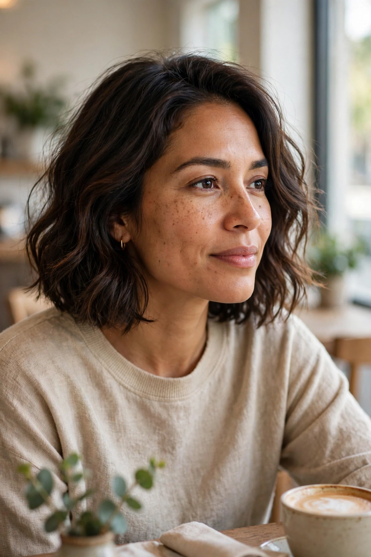 Soft 2A wavy bob with tousled texture in a bright cafe portrait