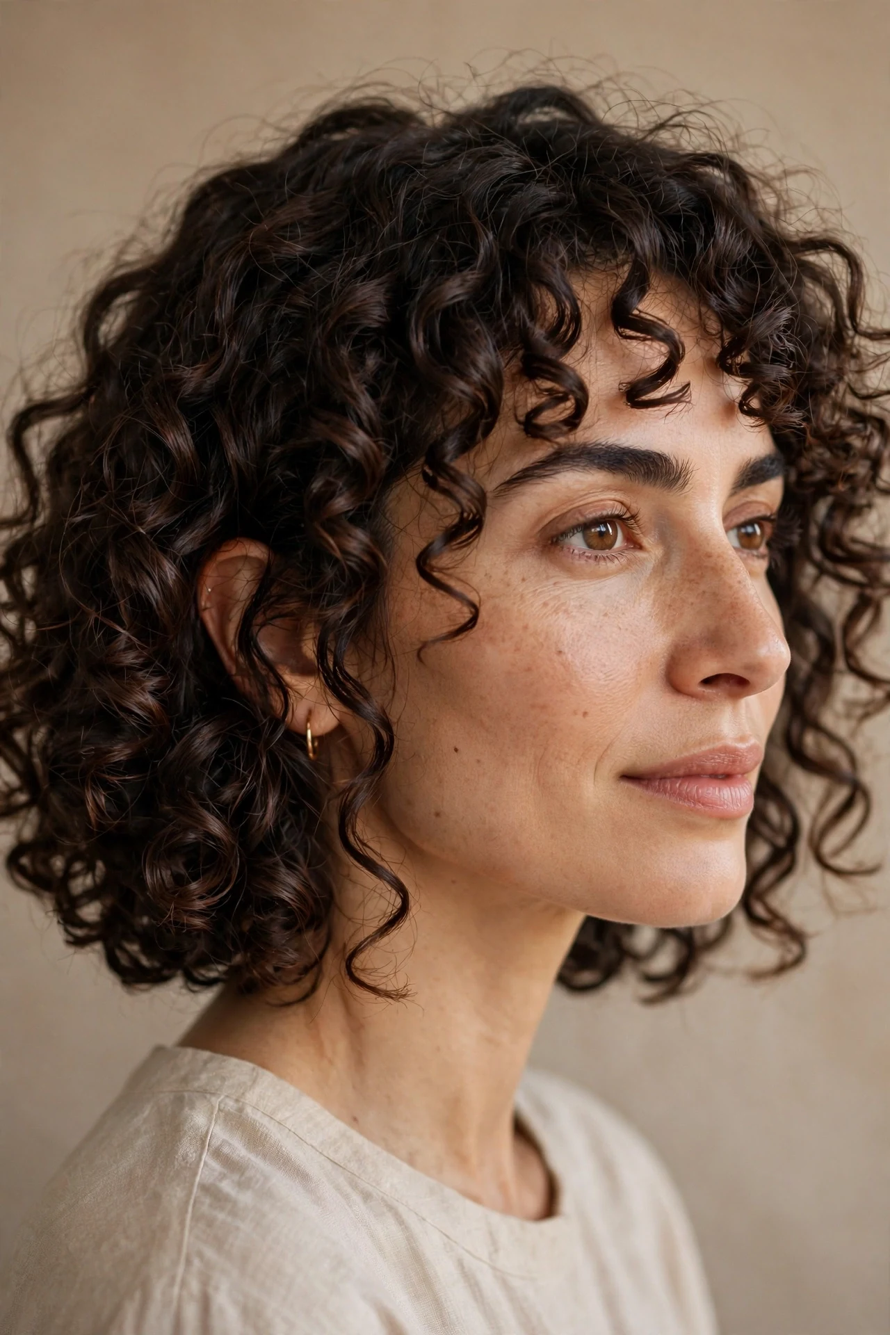 Springy 3A spiral curls in a chin-length bob, side angle showing bounce