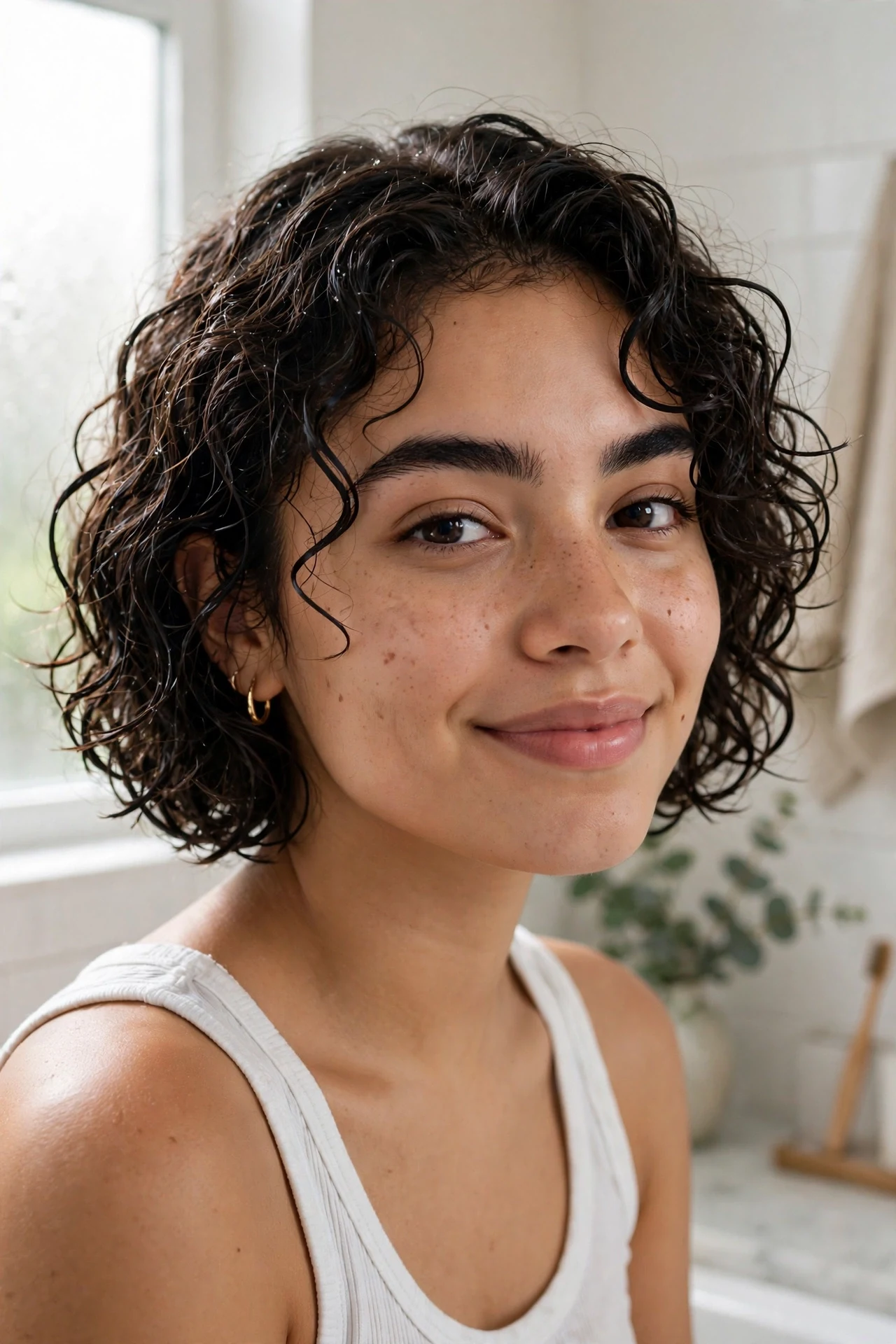 Fresh wash-and-go curls in a short curly bob with damp shine
