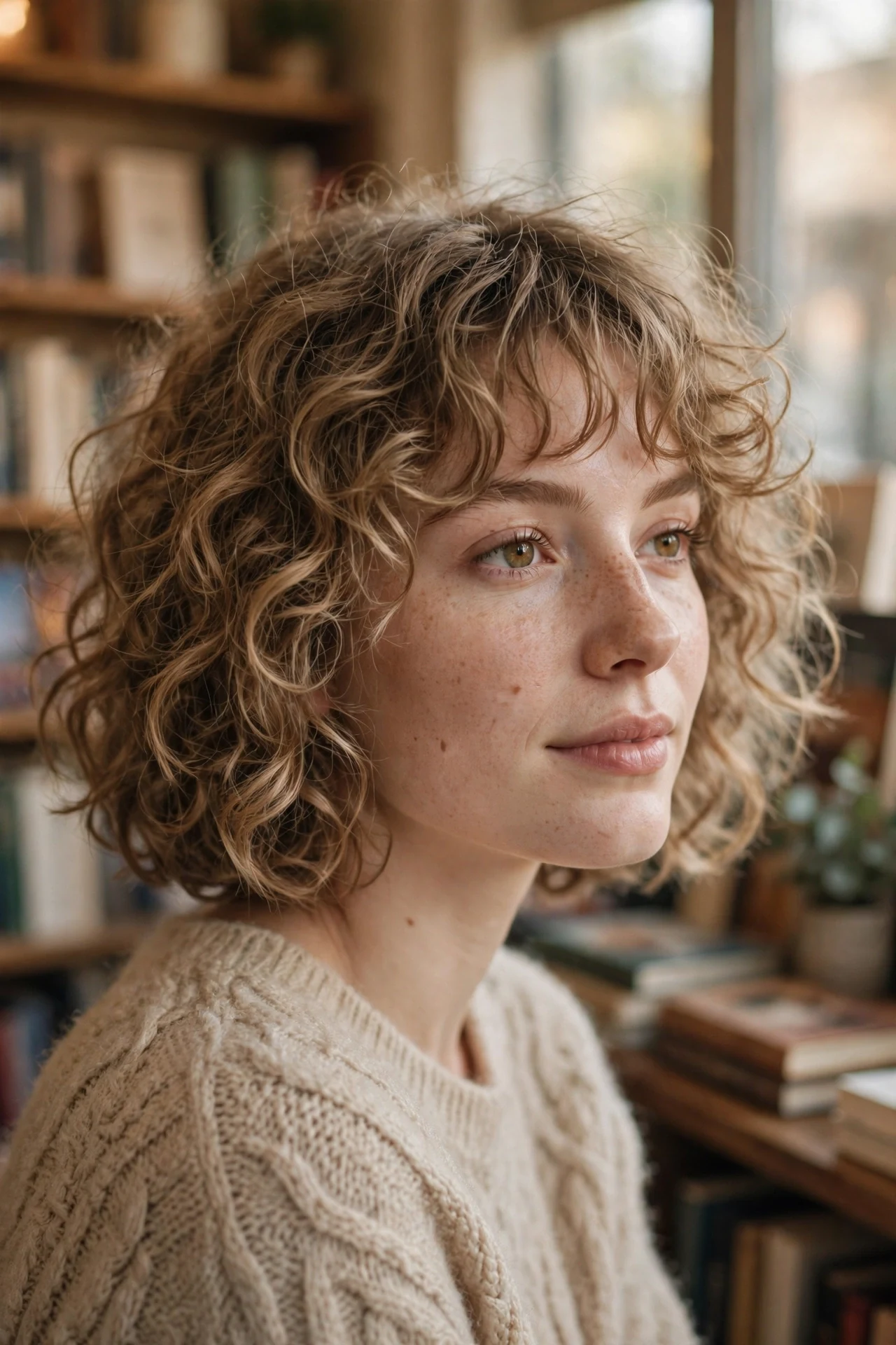 Curly bob with wispy piece-y fringe, cozy bookshop portrait