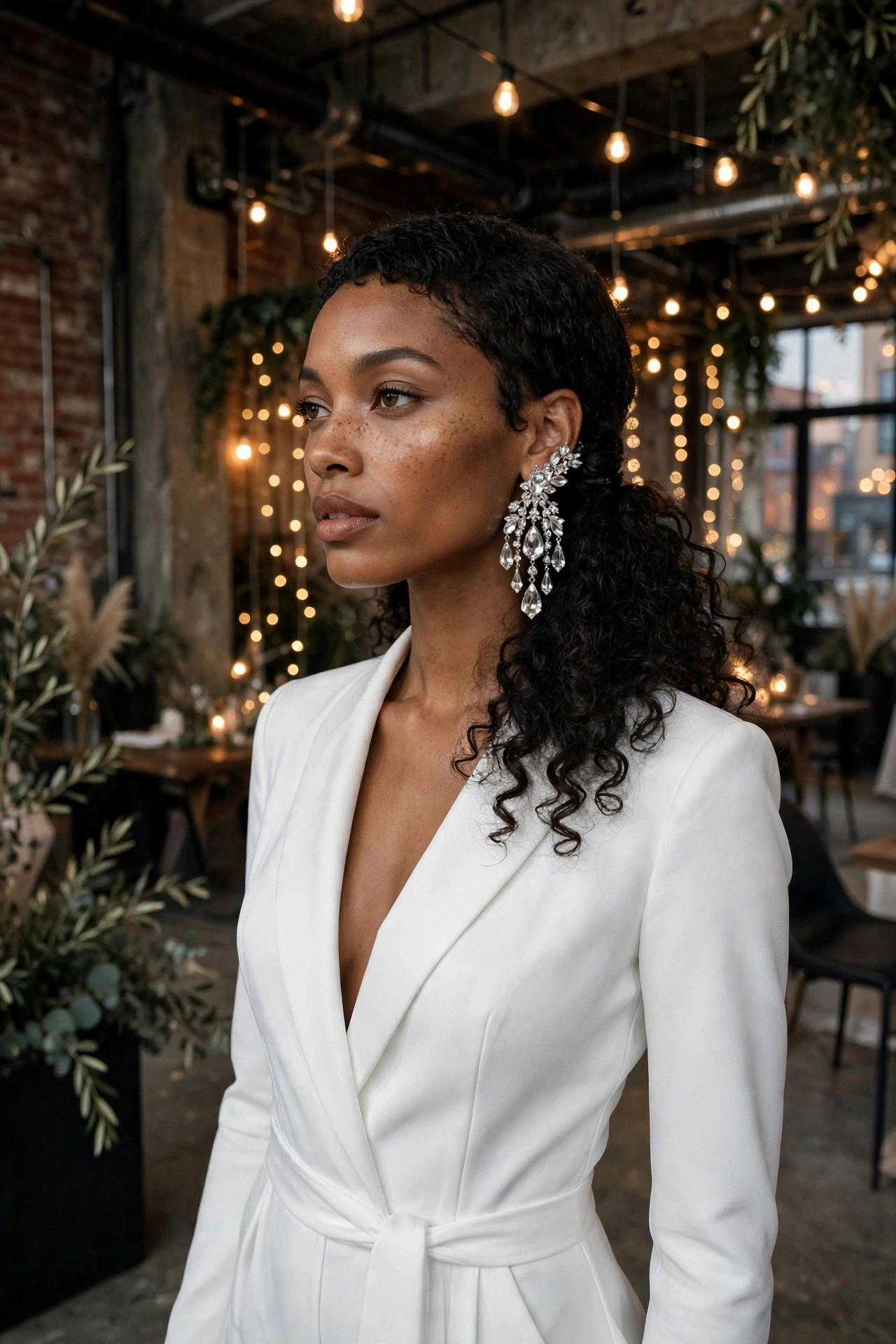Asymmetrical curly bob with a dramatic crystal statement earring at an industrial loft wedding