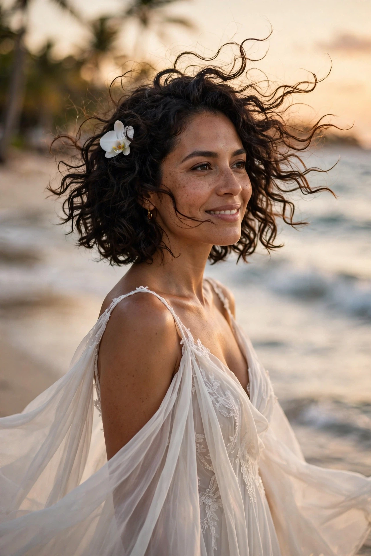 Windswept curly bob with a white orchid at a tropical beach wedding at sunset