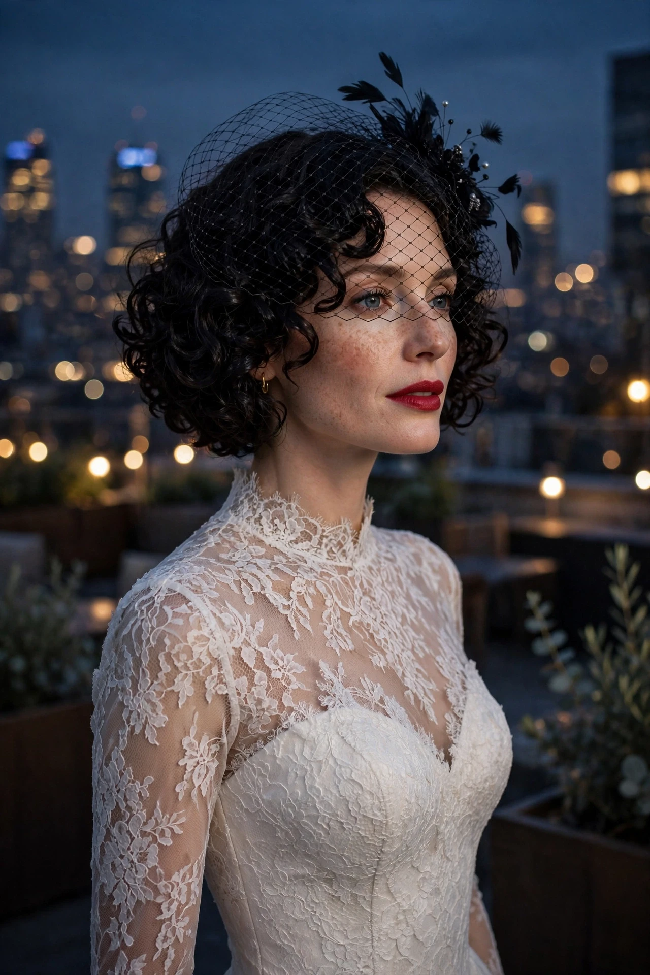 Chic birdcage veil on a dark curly bob at a city rooftop wedding at dusk