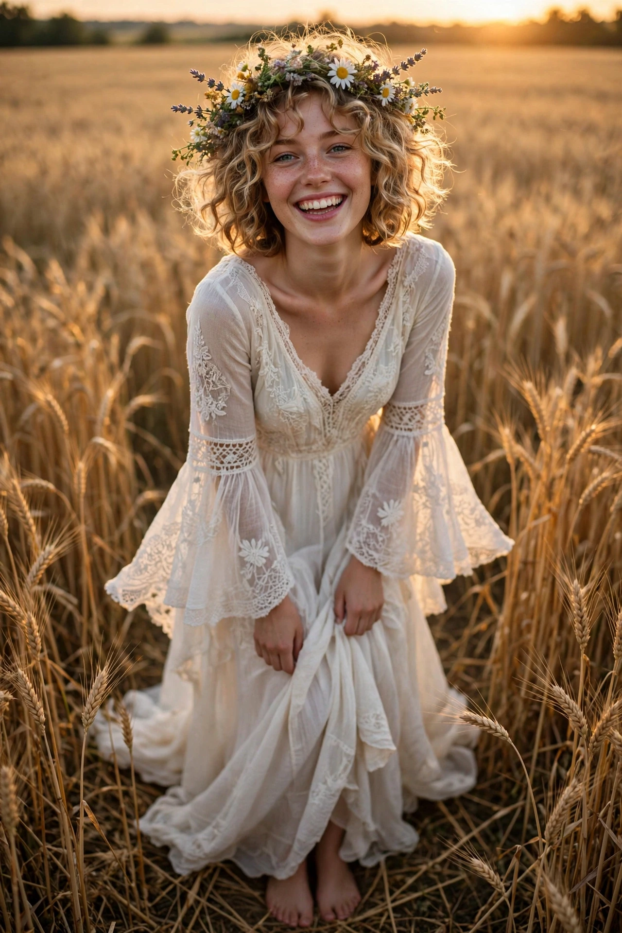 Boho curly bob with a wildflower crown of daisies and lavender in a golden wheat field