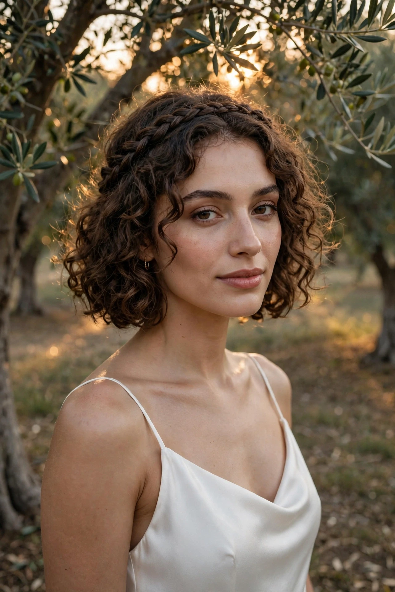 Thin braided headband crown woven into a curly bob in an olive grove at golden hour