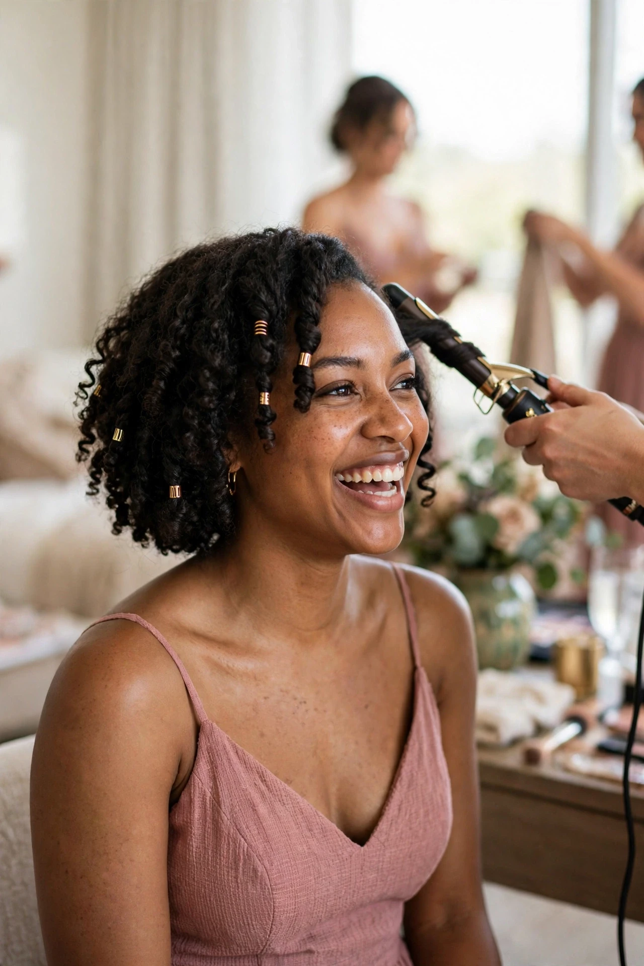 Bridesmaid with a natural curly bob and gold cuffs getting her hair finished before the wedding