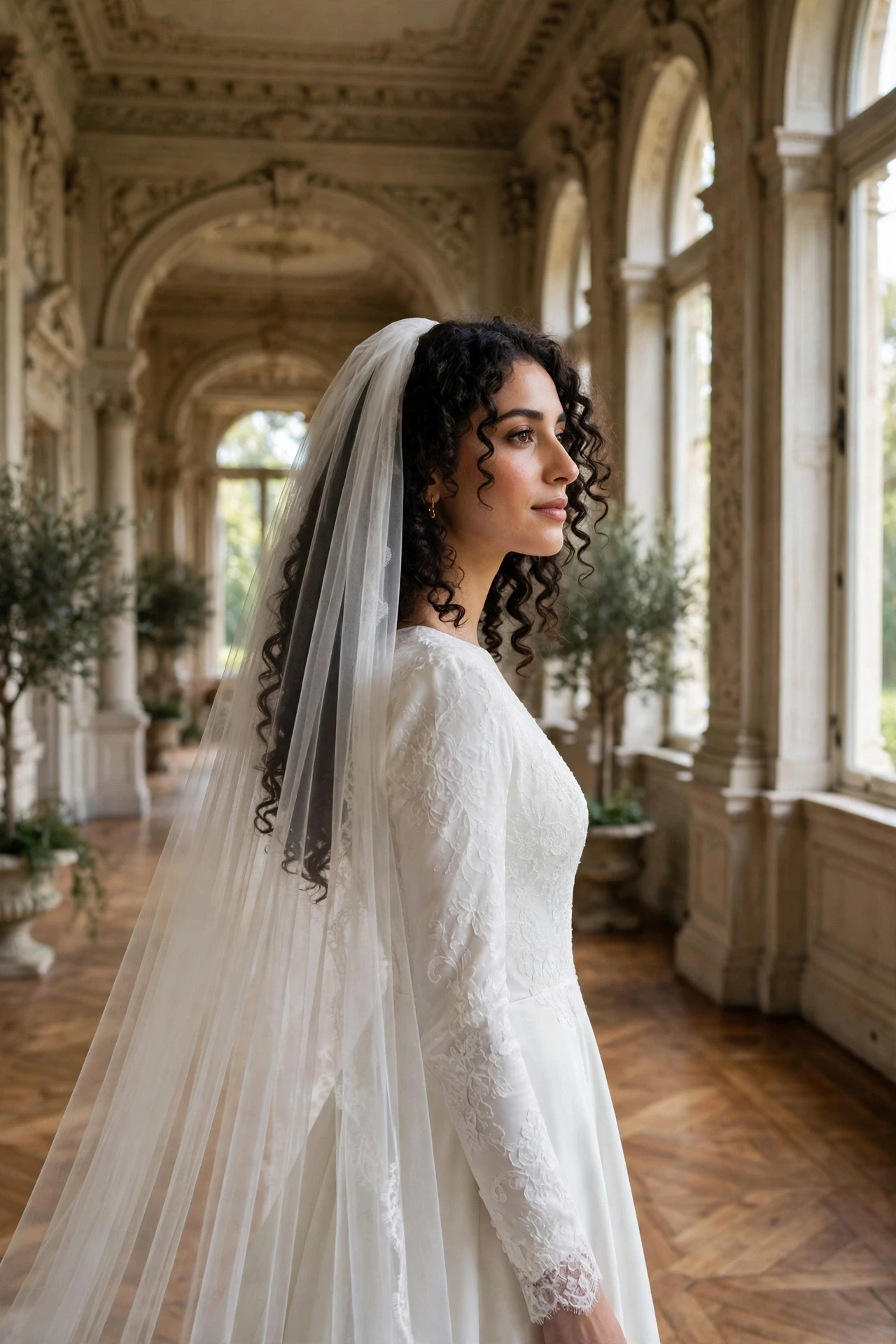 Long curly bob with a cathedral veil draped over the head in a grand mansion hallway