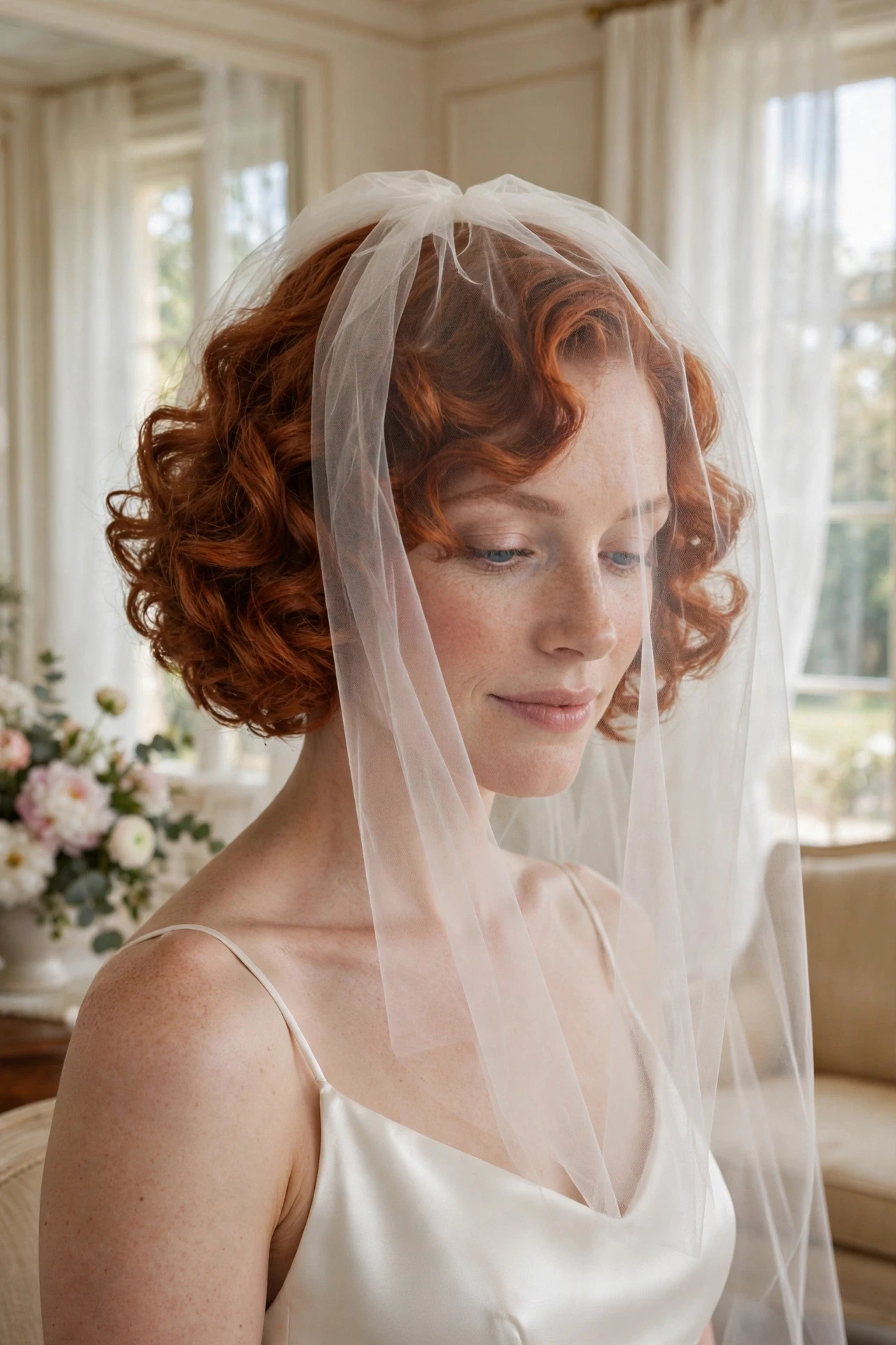 Copper curly bob with a classic blusher veil over the face in a bright bridal suite