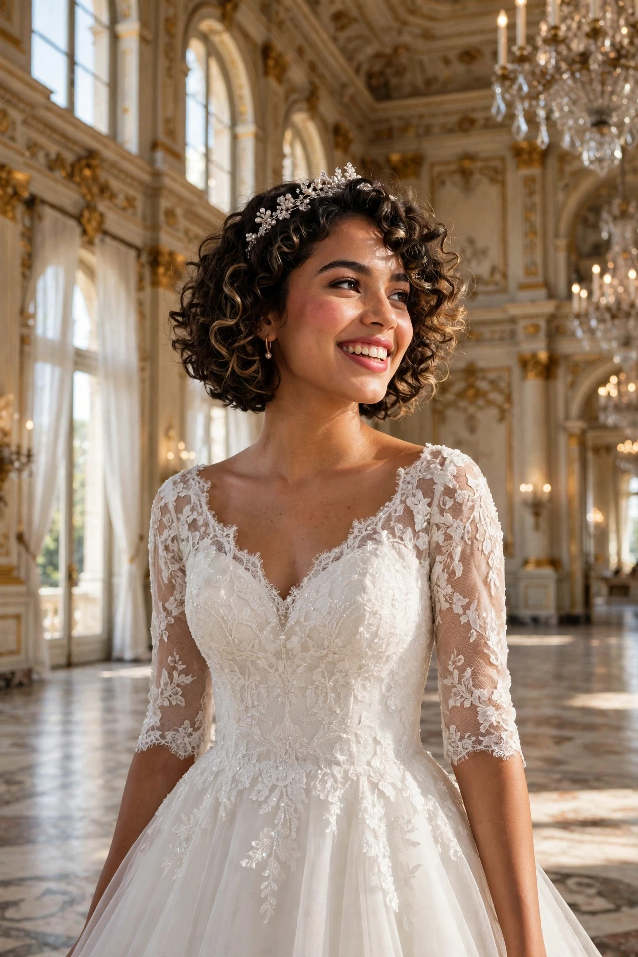 Delicate crystal tiara resting on a curly bob at a palace ballroom wedding
