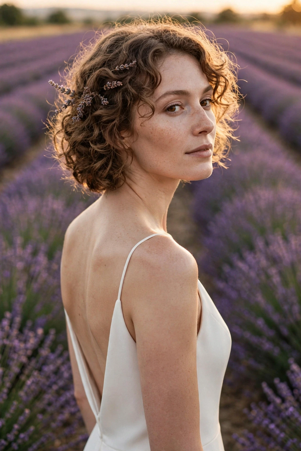 Dried lavender sprigs tucked into a curly bob in a purple lavender field at golden hour