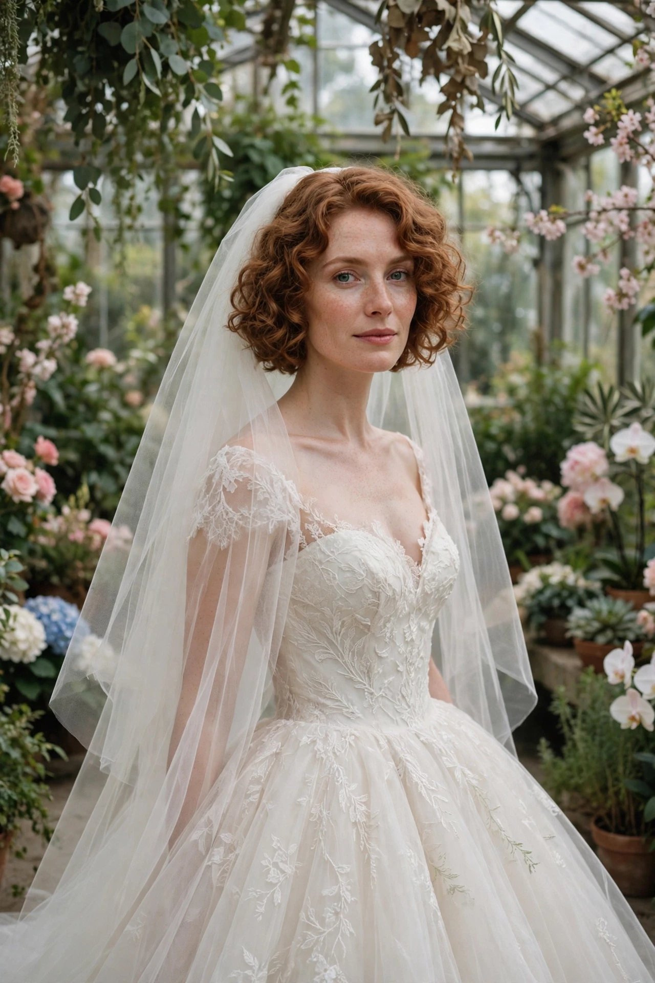 Soft auburn curly bob with a classic fingertip veil in a flower-filled conservatory