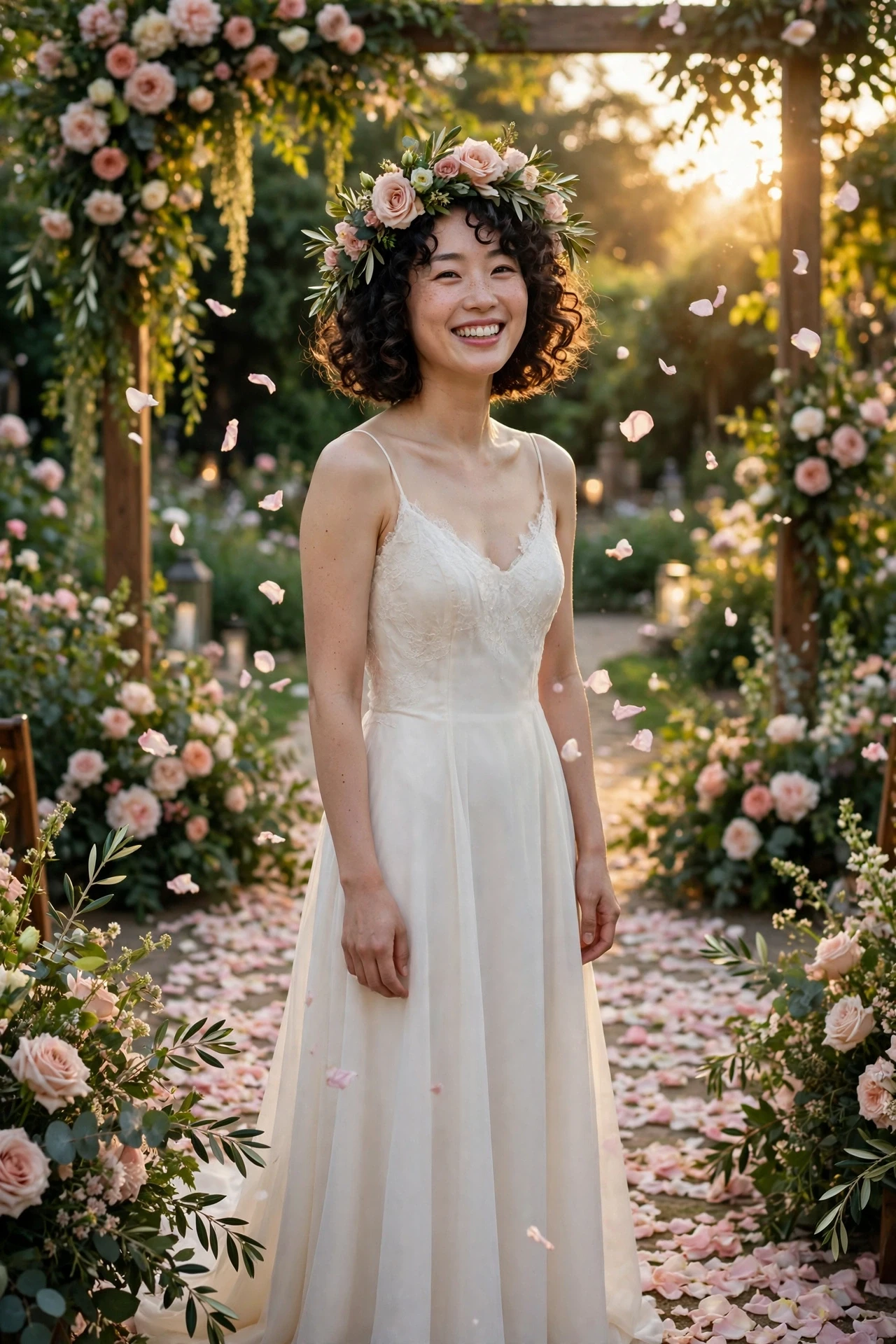 Floral crown on a curly bob at a garden wedding with petals falling