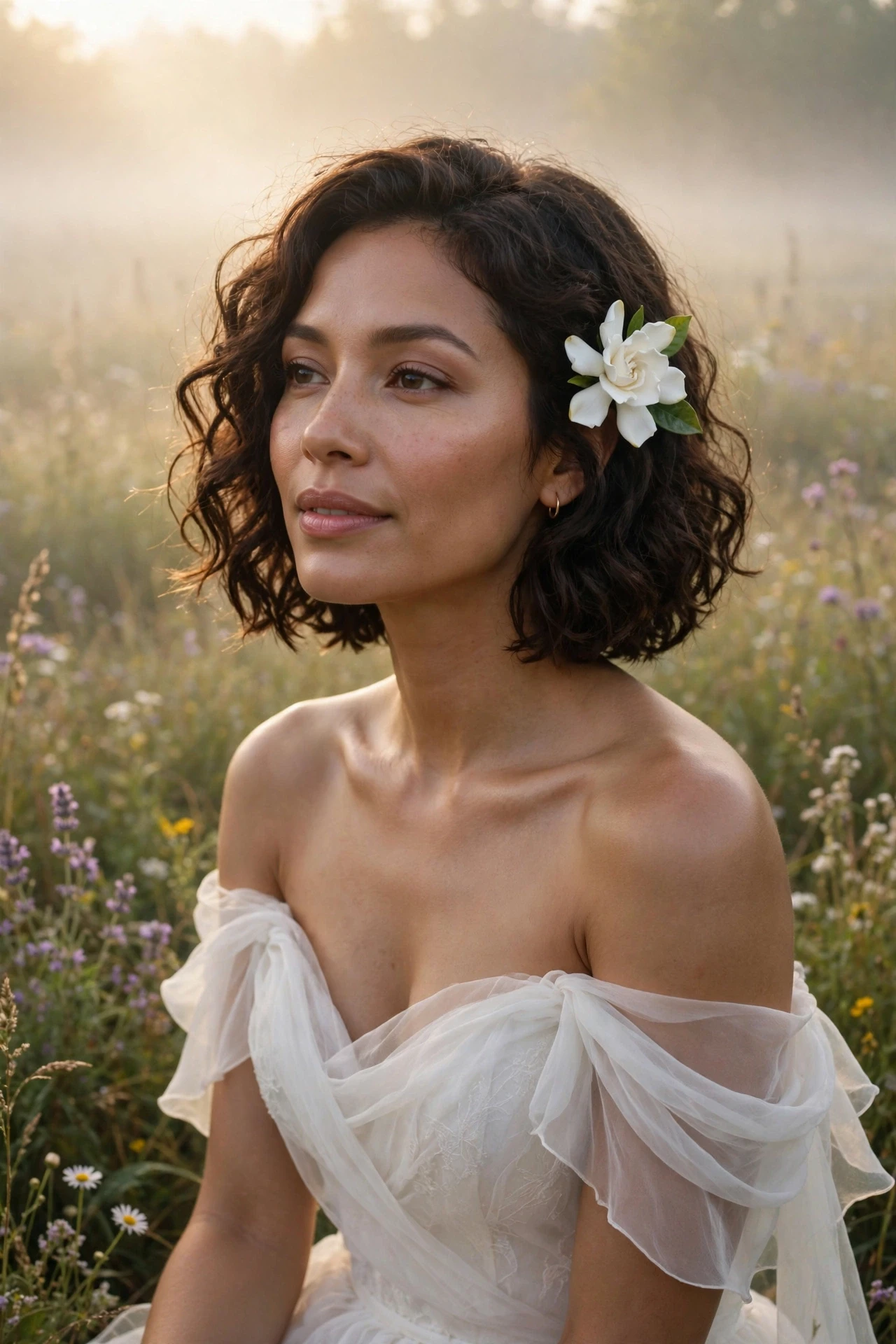 Romantic loose curls on a curly bob with a fresh white gardenia tucked behind the ear