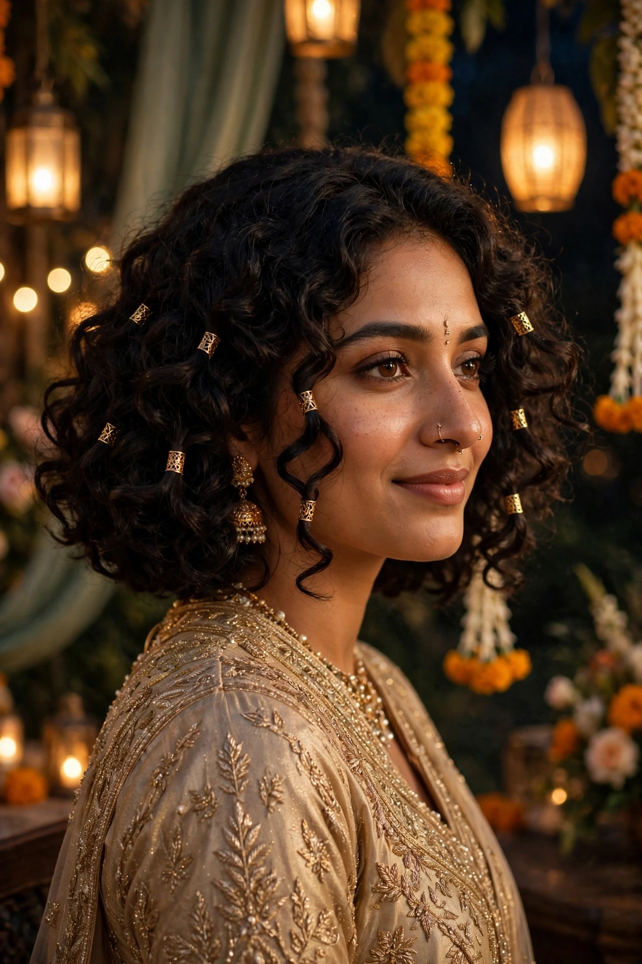 Gold hair cuffs clipped onto ringlets of a curly bob at a festive evening wedding