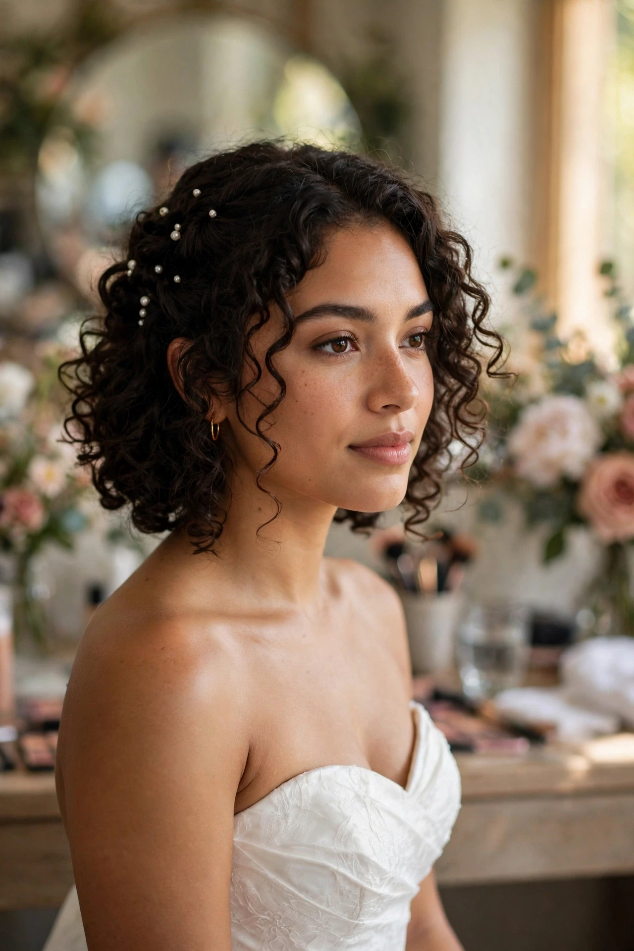 Half-up curly bob with scattered pearl pins on a bride in a getting-ready room