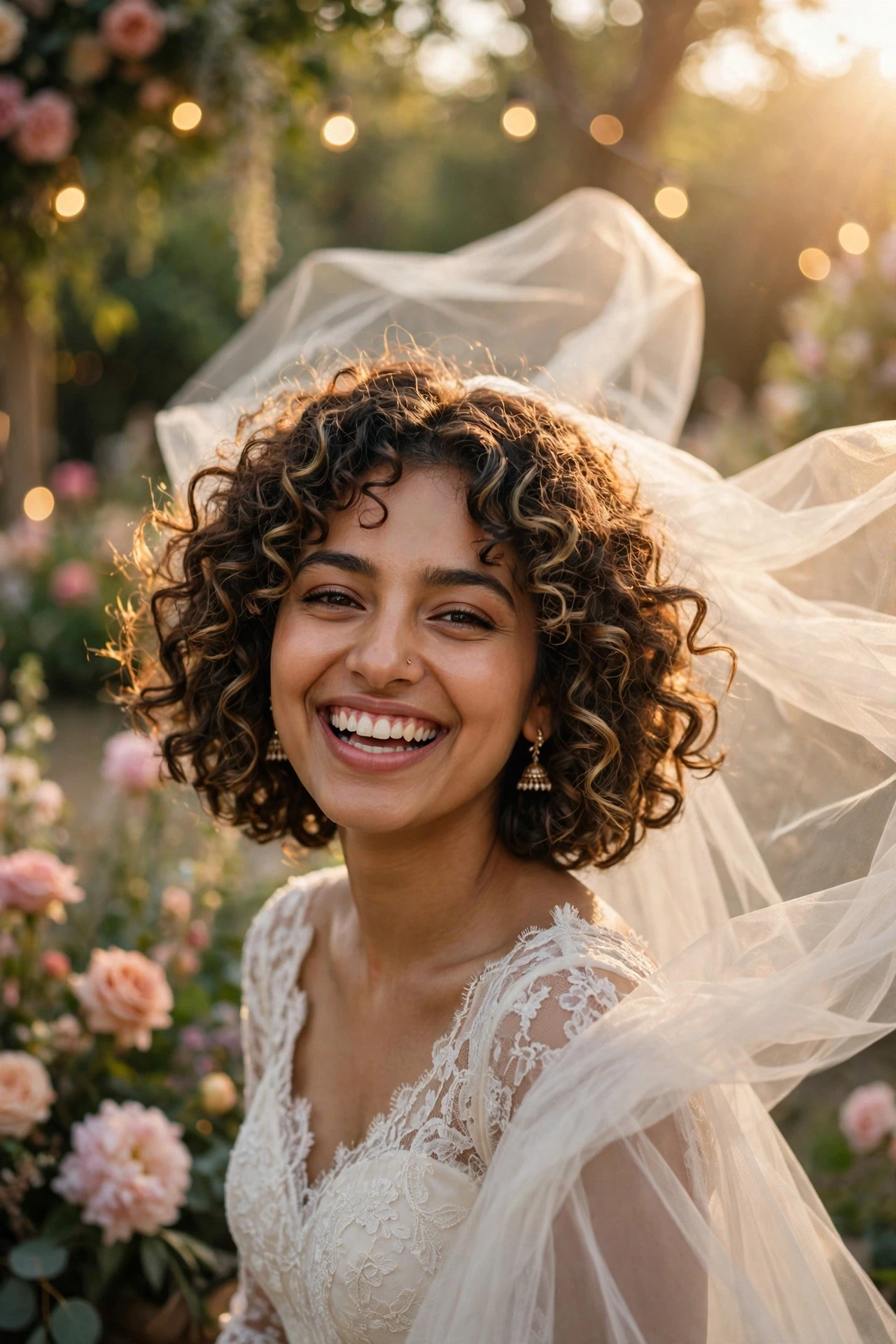 Curly bob wedding hair with voluminous bridal curls and a floating veil in a golden garden portrait