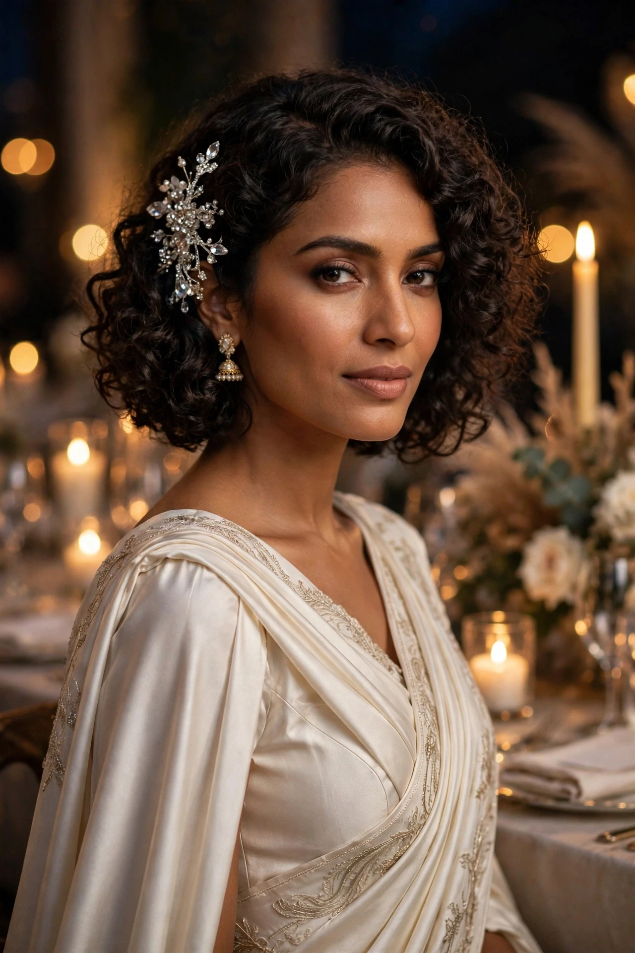 Sparkling jeweled hair comb pinned into a dark curly bob at a candlelit evening reception