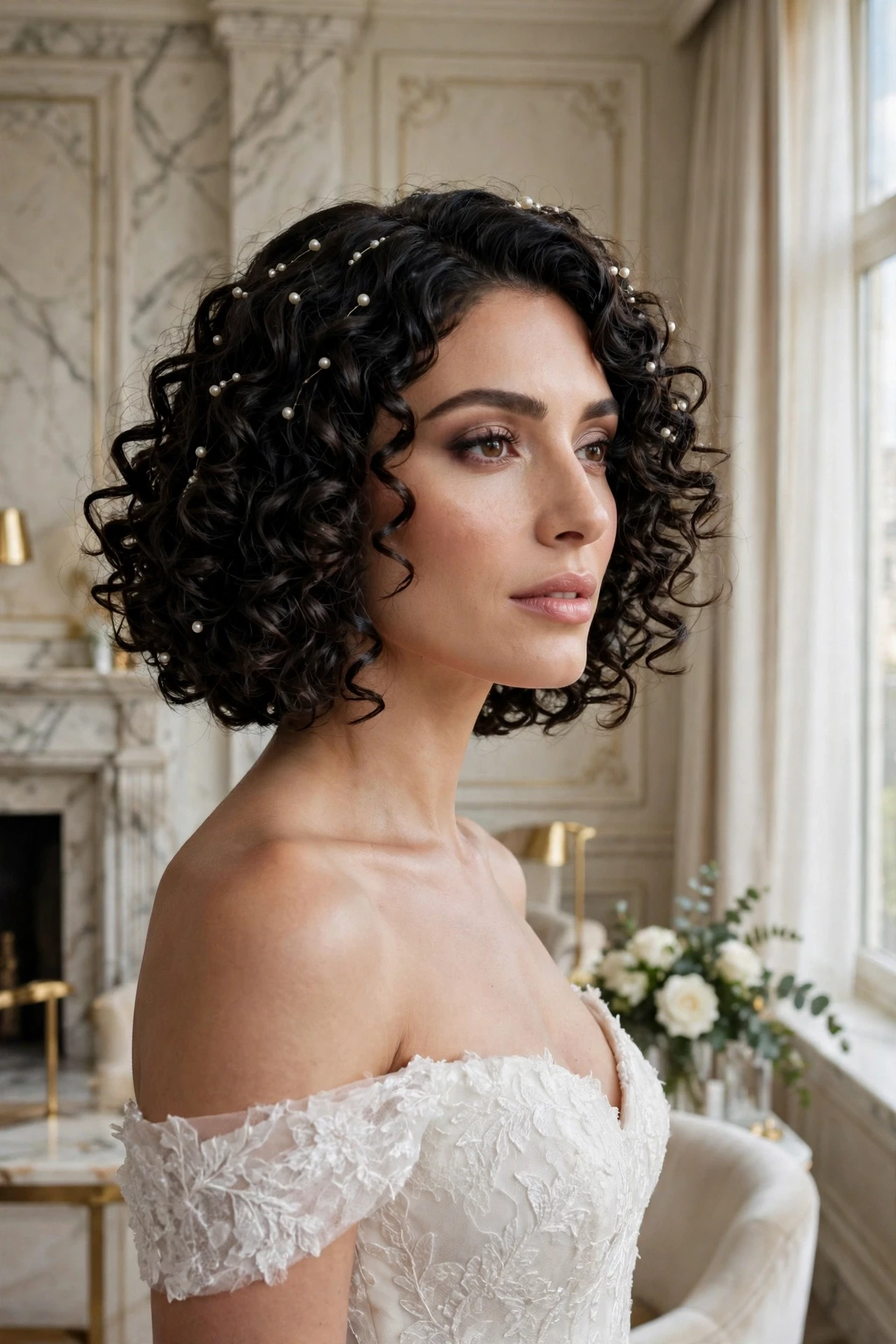 Tight ringlets on a curly bob with tiny pearls woven through the curls