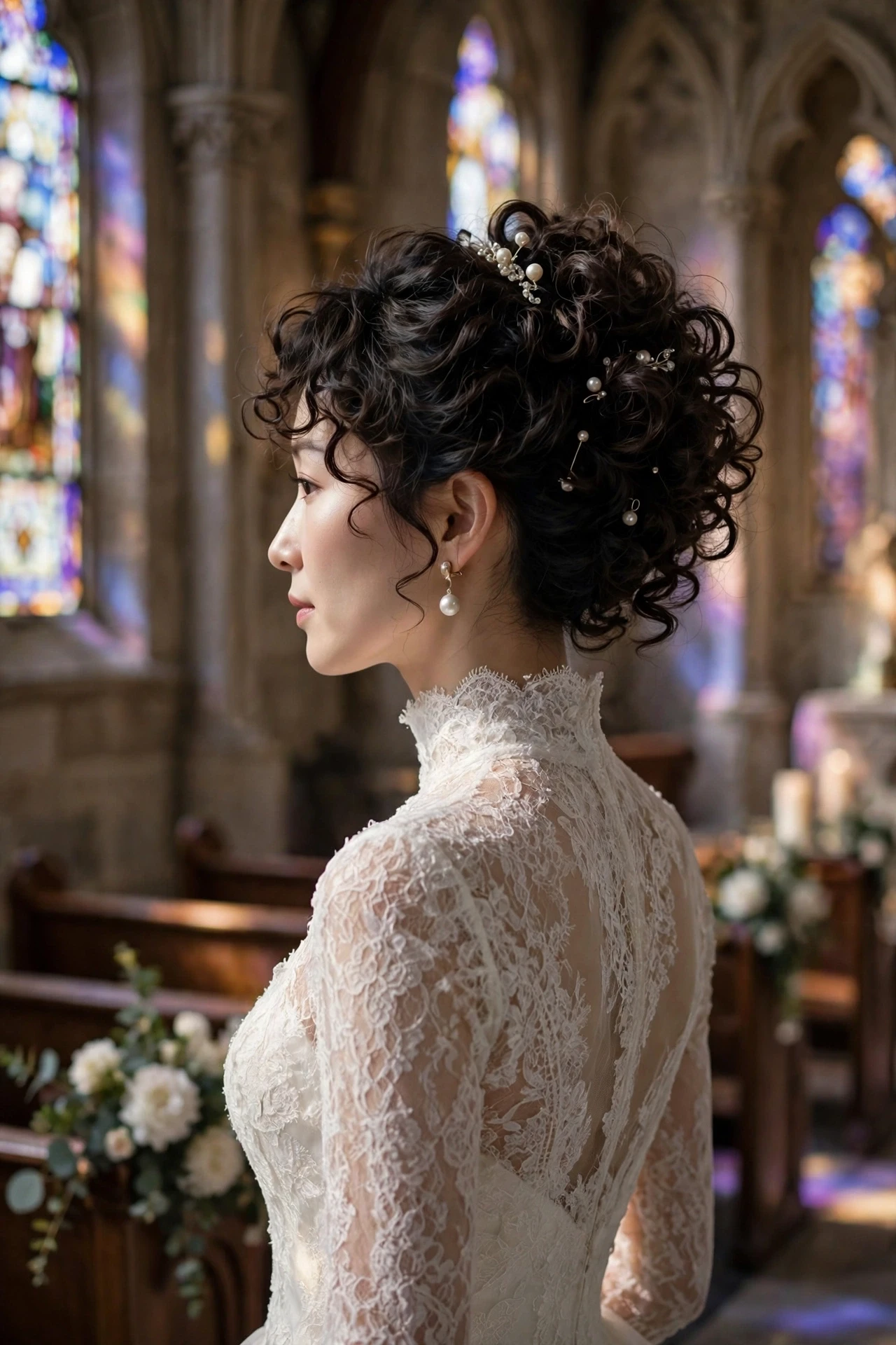 Curly bob pinned into an elegant faux updo with pearl pins in a chapel