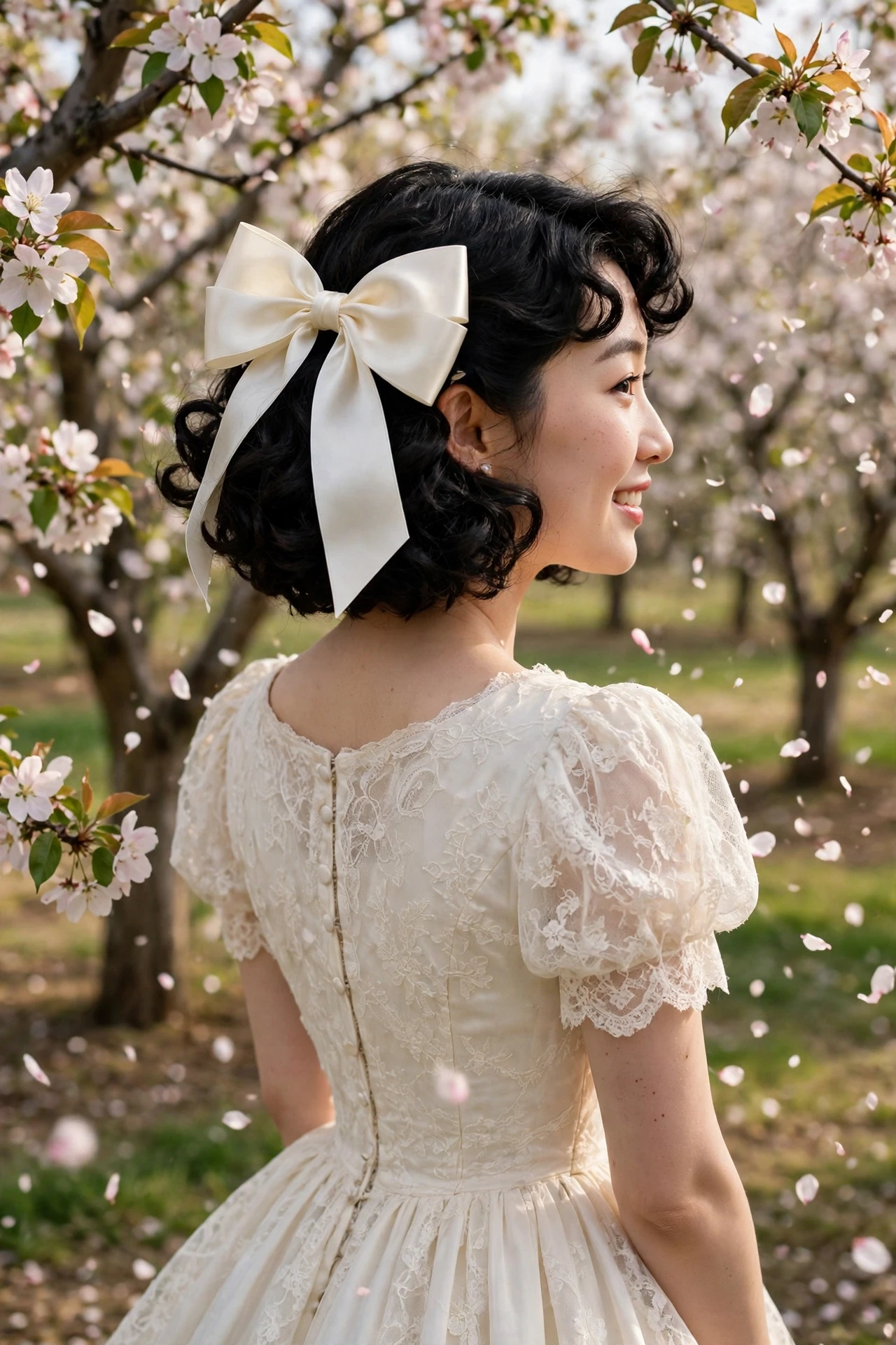 Oversized ivory satin ribbon bow pinned into a glossy black curly bob in a blossom orchard