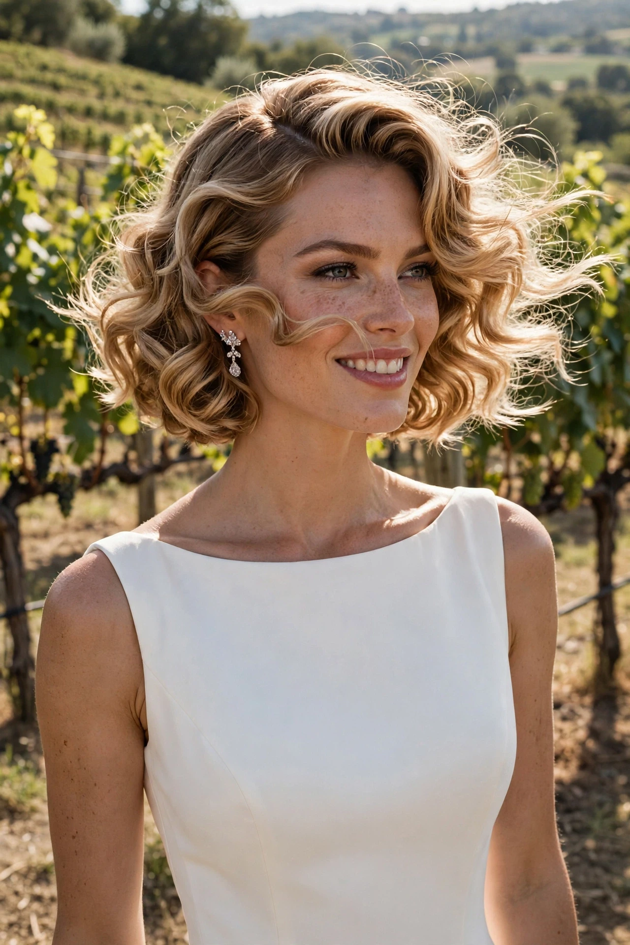 Side-swept glamour curls on a blonde curly bob at a vineyard wedding