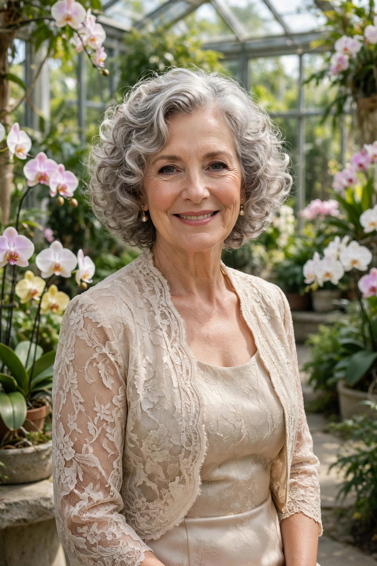 Elegant silver curly bob on the mother of the bride in a garden conservatory