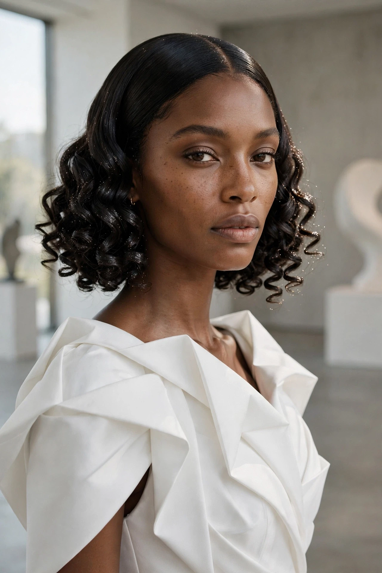 Elegant curly bob with sleek roots and defined glossy curls at the ends for a modern wedding