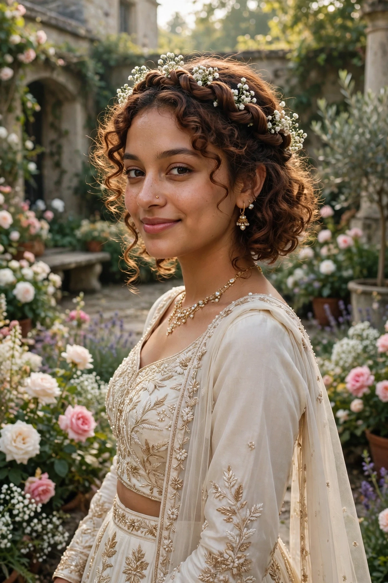 Twisted crown of curls with baby's breath on a curly bob for a romantic wedding look