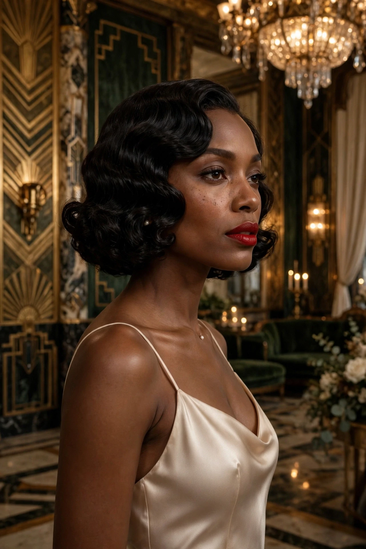 Vintage Hollywood waves on a curly bob for a glamorous wedding look in an art deco ballroom