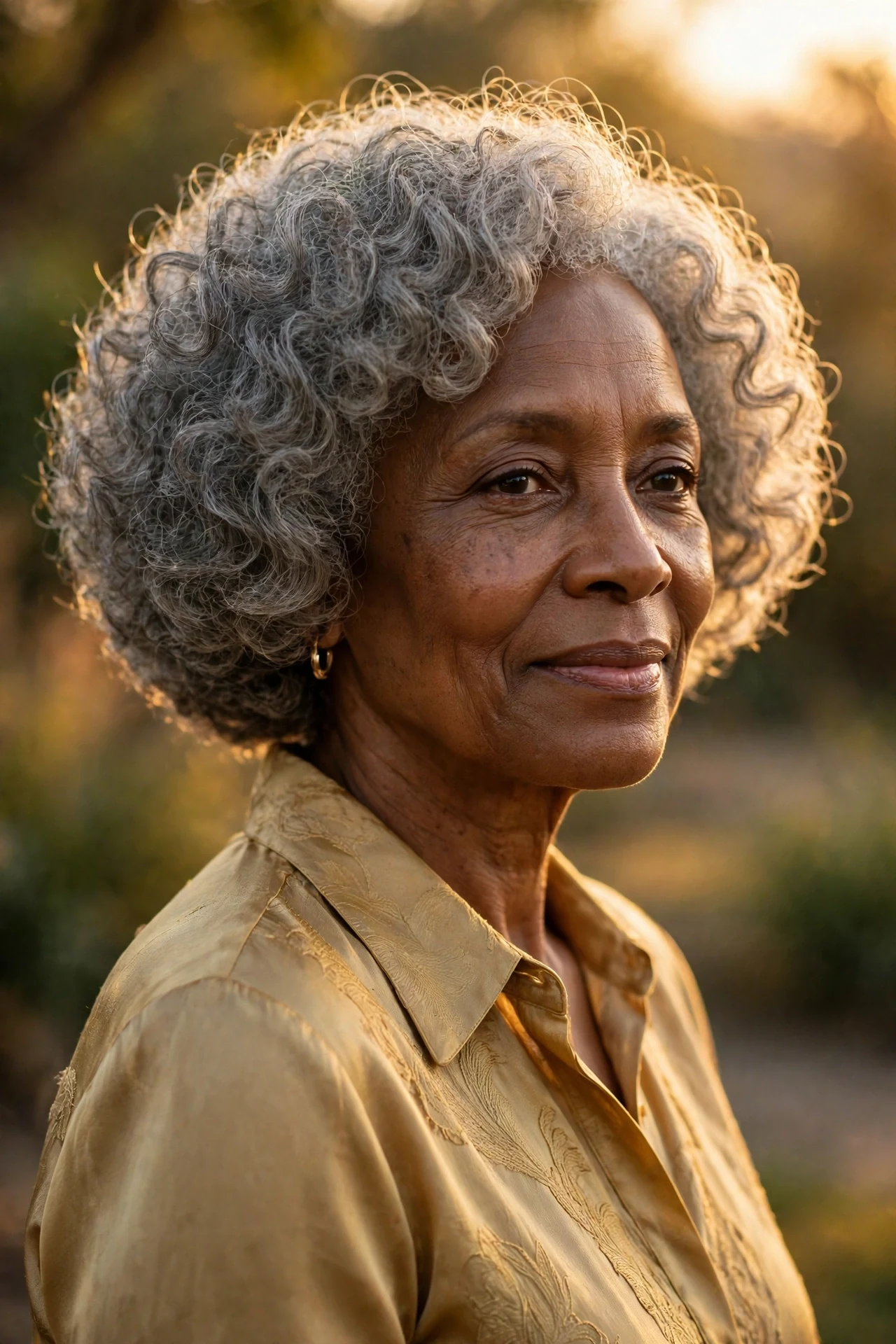 curly gray italian bob on a Black woman in her 60s
