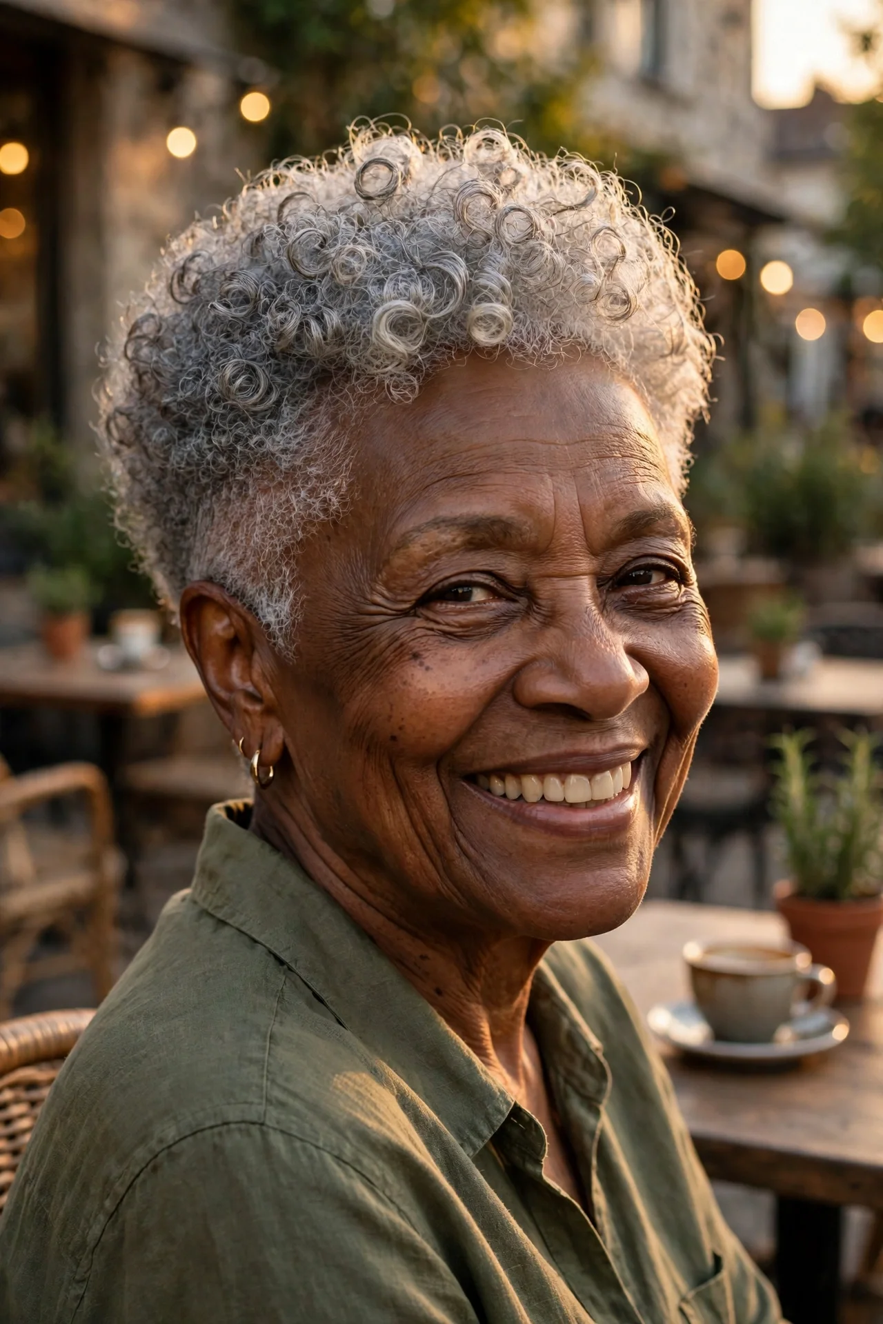Woman in her 60s with a curly silver bixie