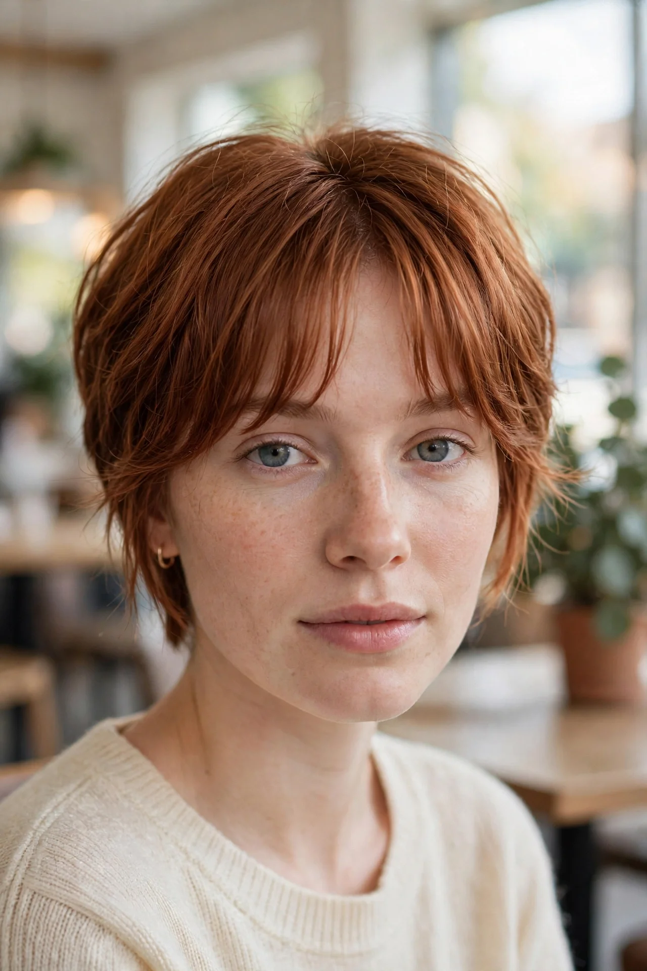 Young woman with fine auburn hair wearing a bixie with parted curtain bangs