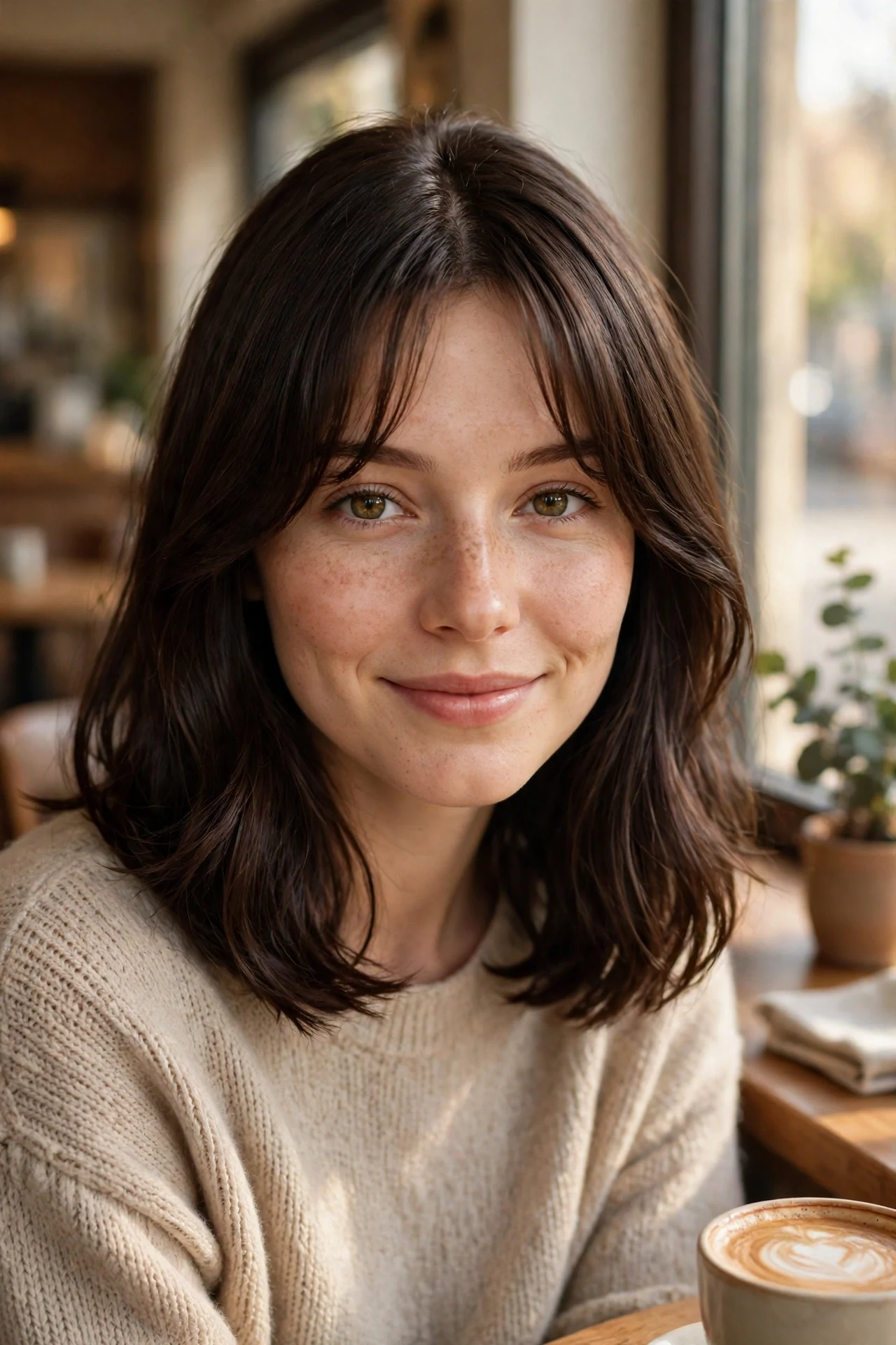 Midi haircut with curtain bangs and collarbone length