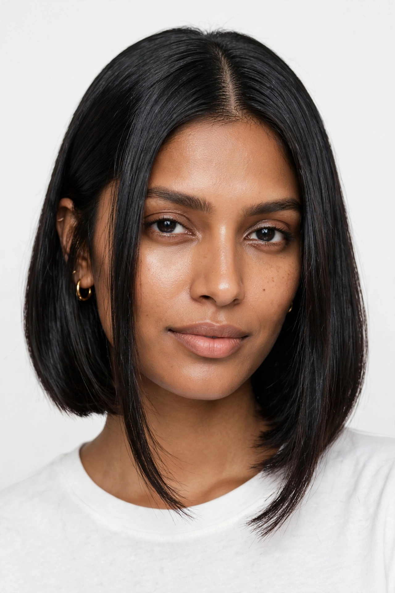 Chin-length bob on straight black hair with curtain part and face-framing layers