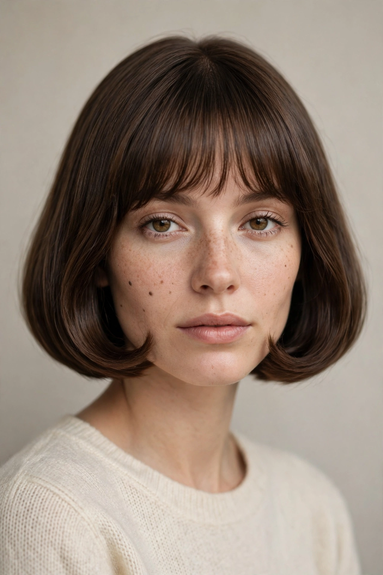 A woman with a curved bob and straight bangs, sculpted inward ends