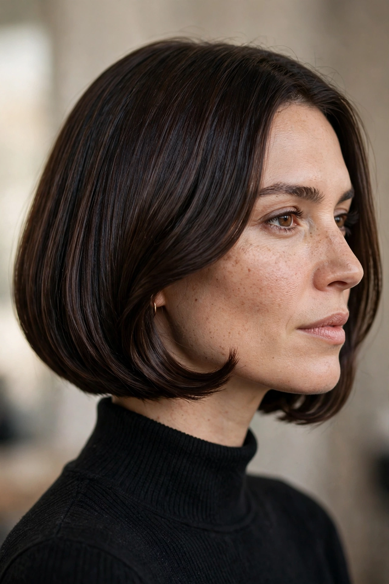Beveled bob haircut with ends curving inward under the jawline