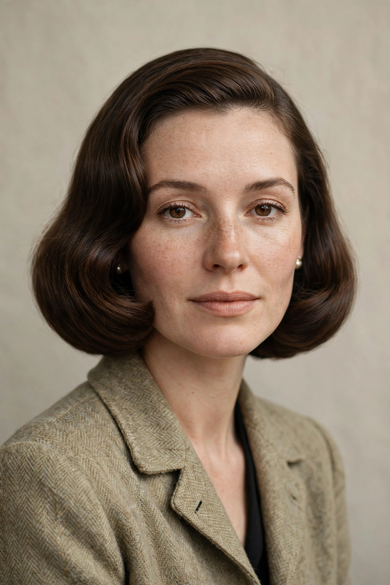 A woman with a rounded chin length curved bob, soft full curve