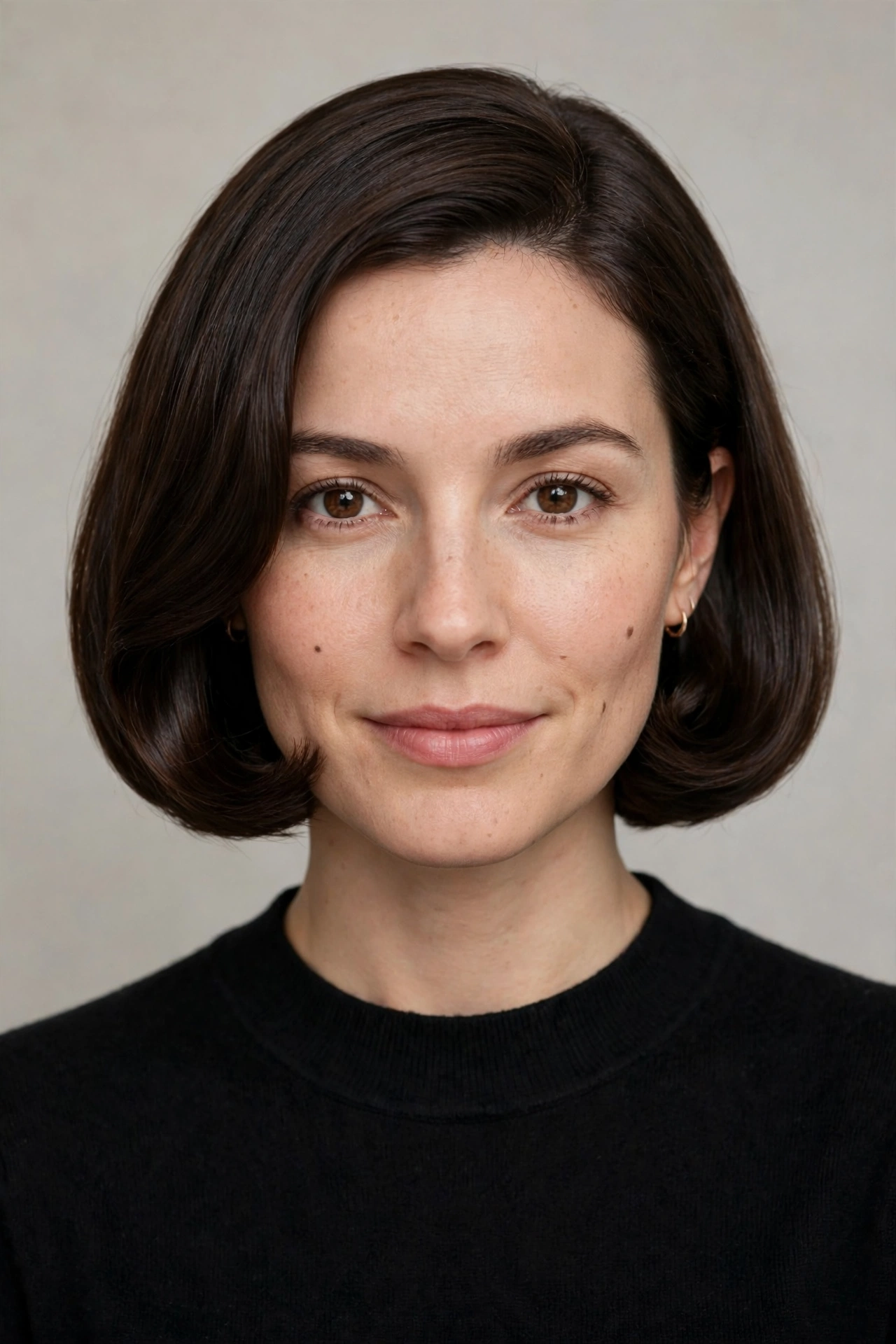 A woman with the classic curved bob, chin length with inward curved ends
