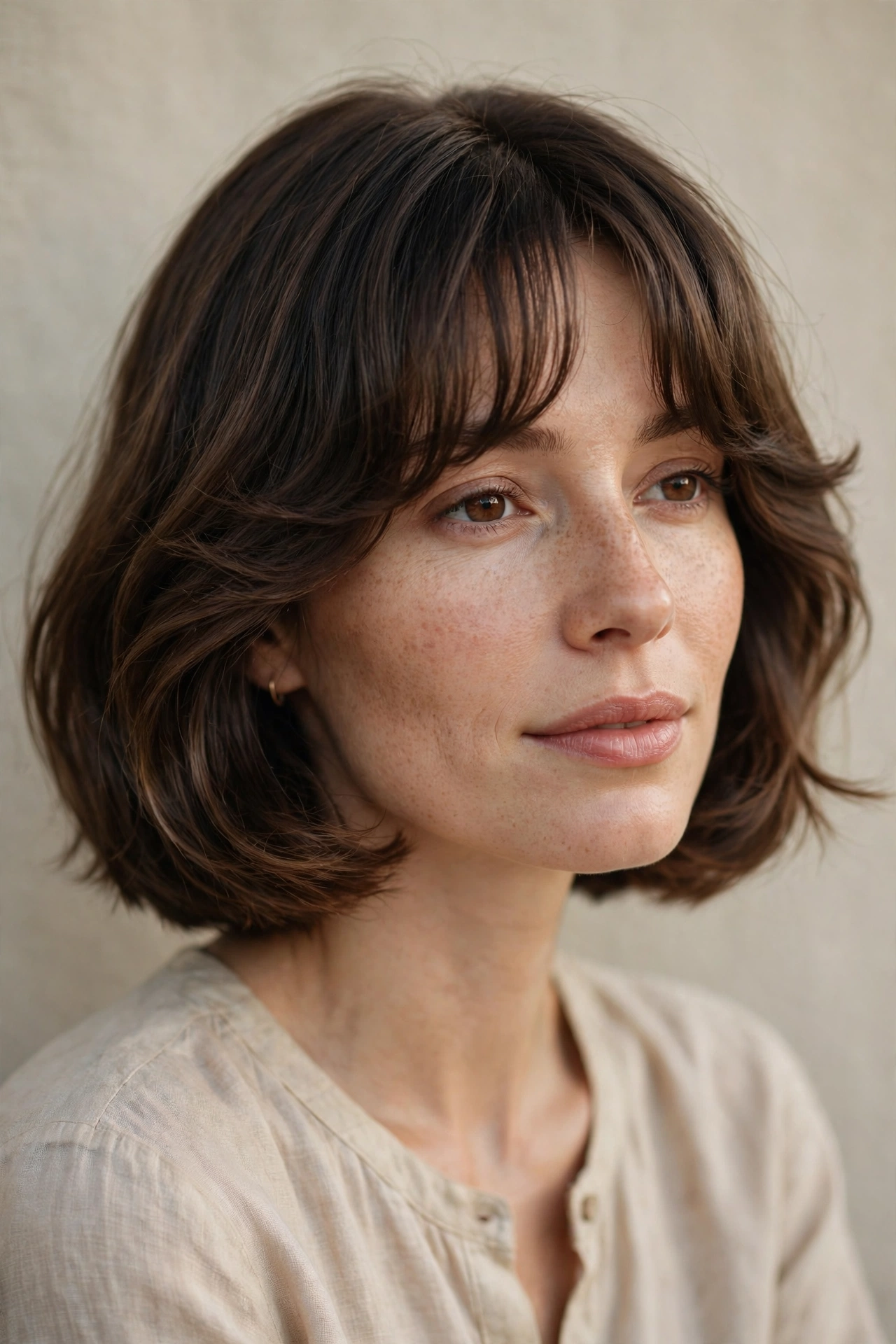 A woman with a curved bob and curtain bangs, soft face framing