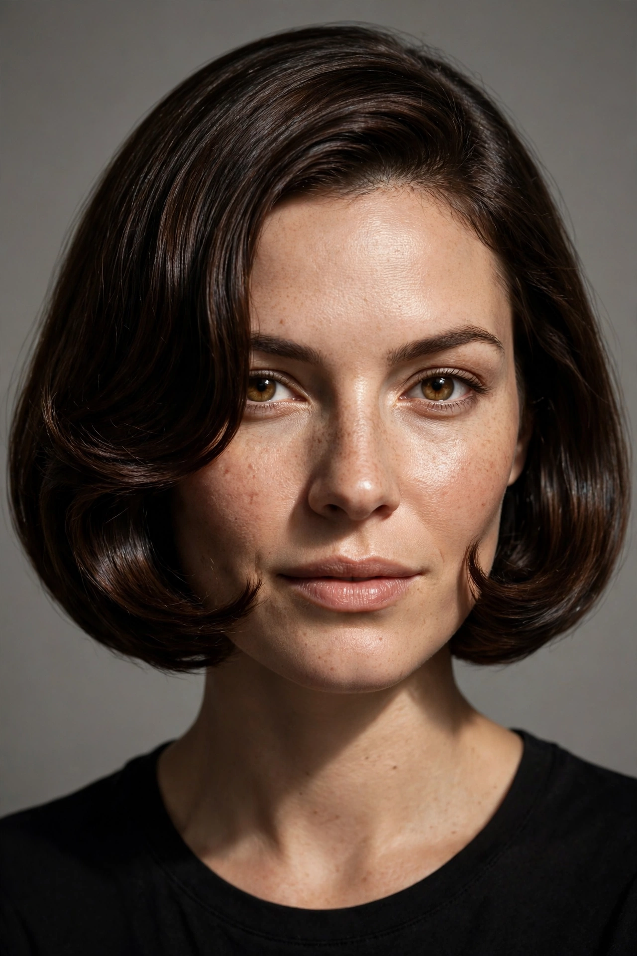 A woman with a curved bob and face framing layers curving inward