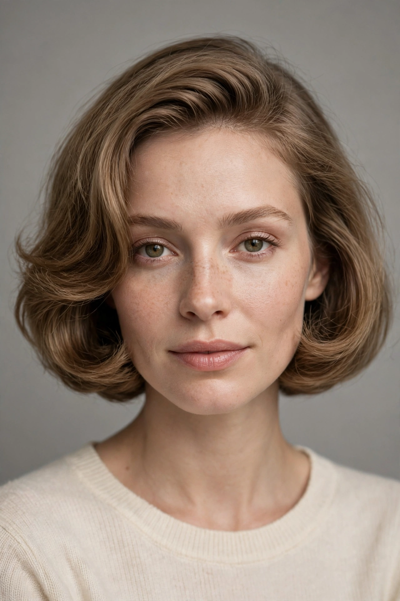 A woman with fine hair in a curved bob, inward bend adding fullness