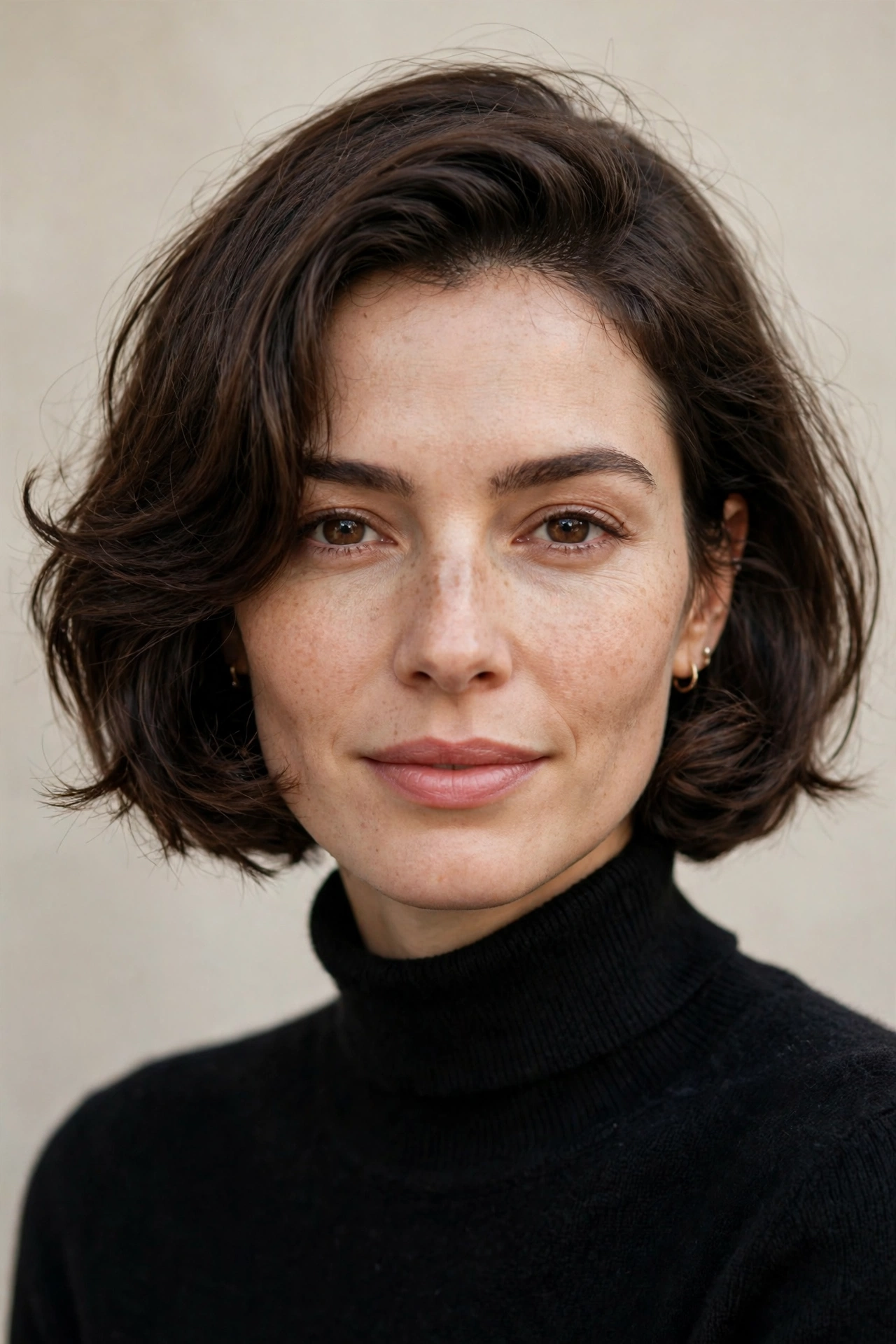 A woman with a French inspired curved bob, chic inward bend with texture