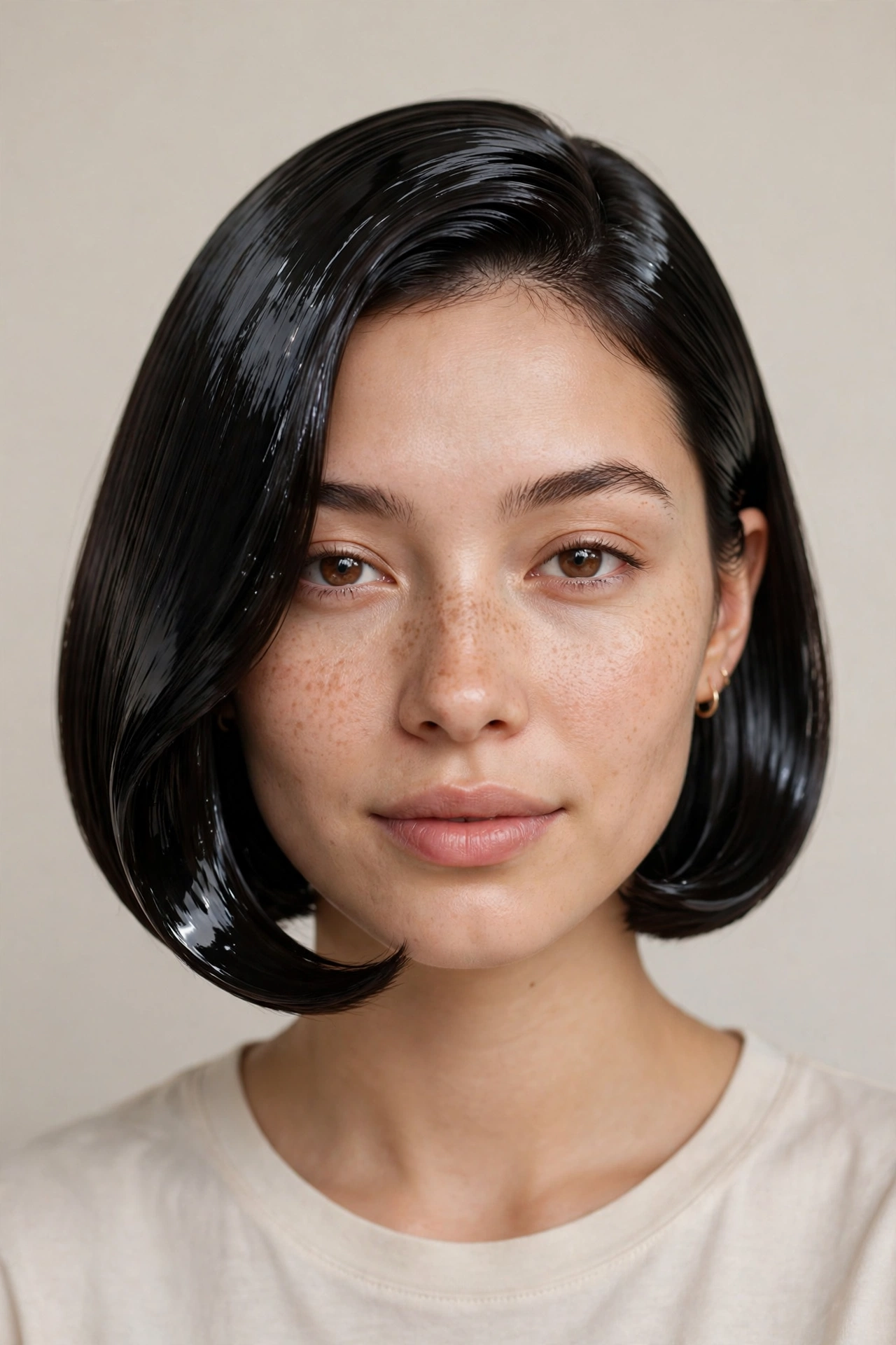 A woman with a sleek glass hair curved bob, ultra shiny inward ends