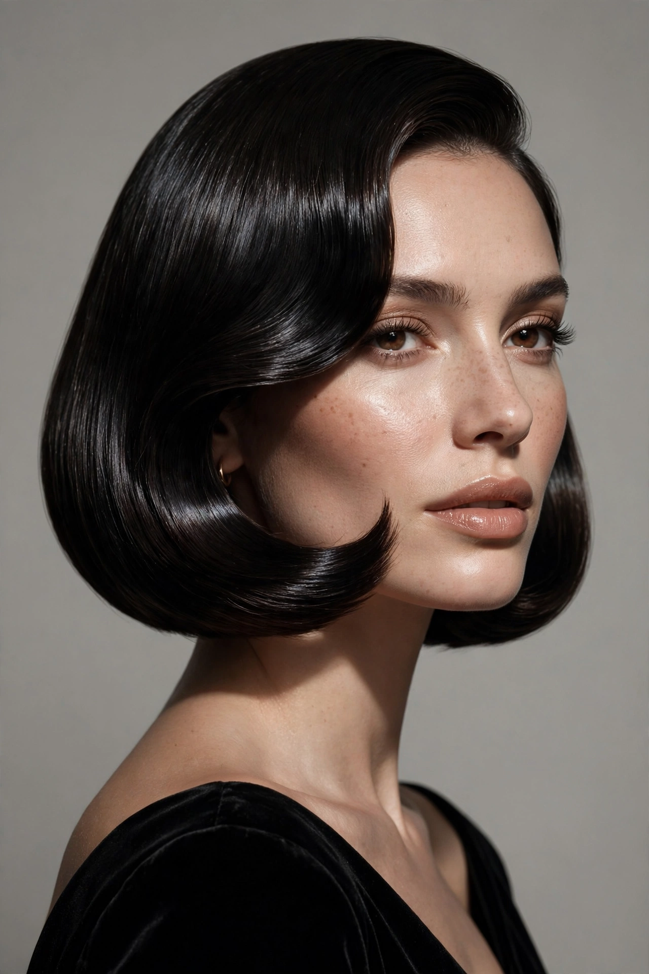 A woman with a glossy curved bob, high shine sculpted inward curve