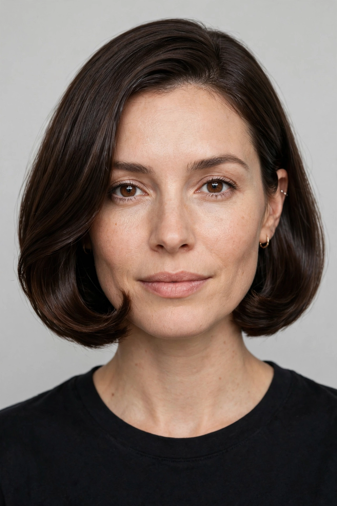 A woman with a curved bob haircut, sculpted inward C curve ends, glossy finish